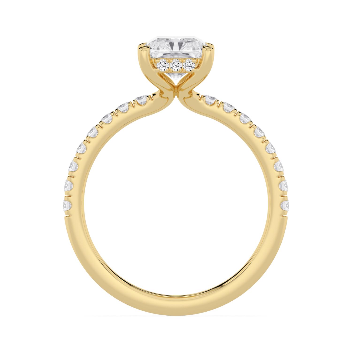 Flax, Four Prong Radiant Solitaire, Pavé Band, Hidden Halo in Yellow Gold, radiant, plain background, alternate view