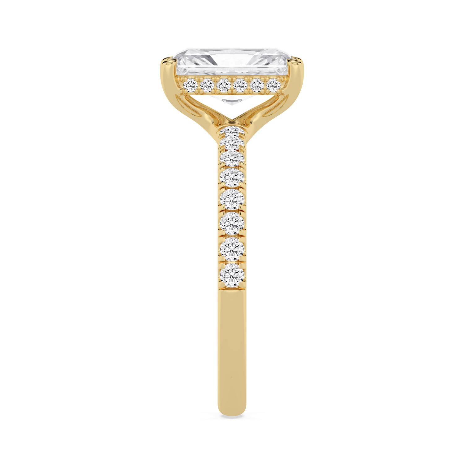Flax, Four Prong Radiant Solitaire, Pavé Band, Hidden Halo in Yellow Gold, radiant, plain background, alternate view