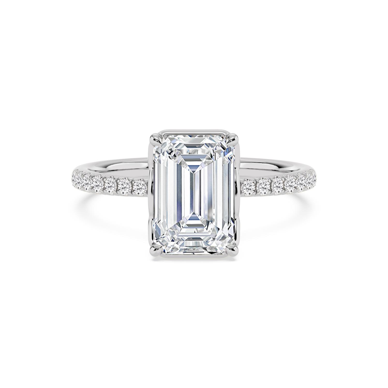 Sloe, Four Prong Emerald Solitaire, Pavé Band in White Gold, emerald, plain background