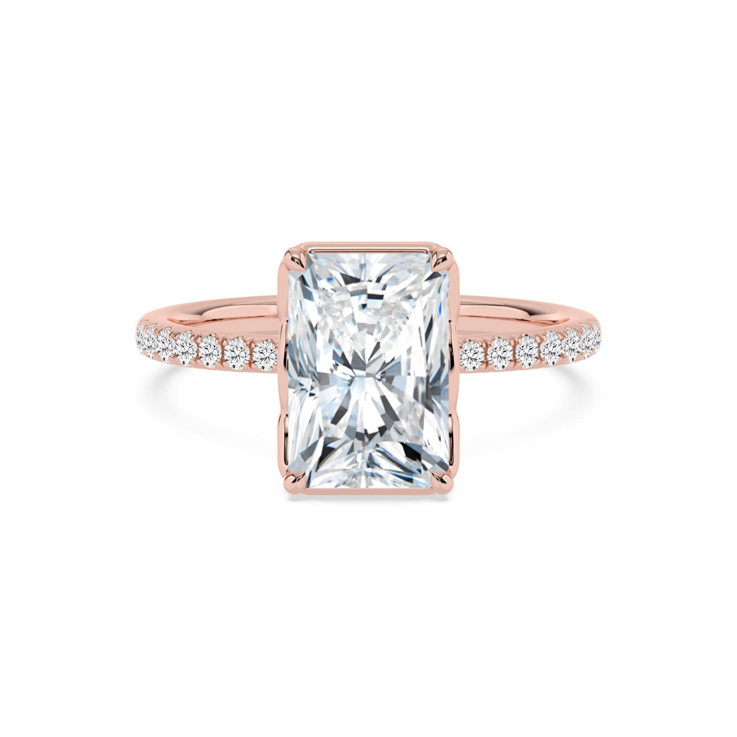 Gleam, Four Prong Radiant Solitaire, Pavé Band in Rose Gold, radiant, plain background