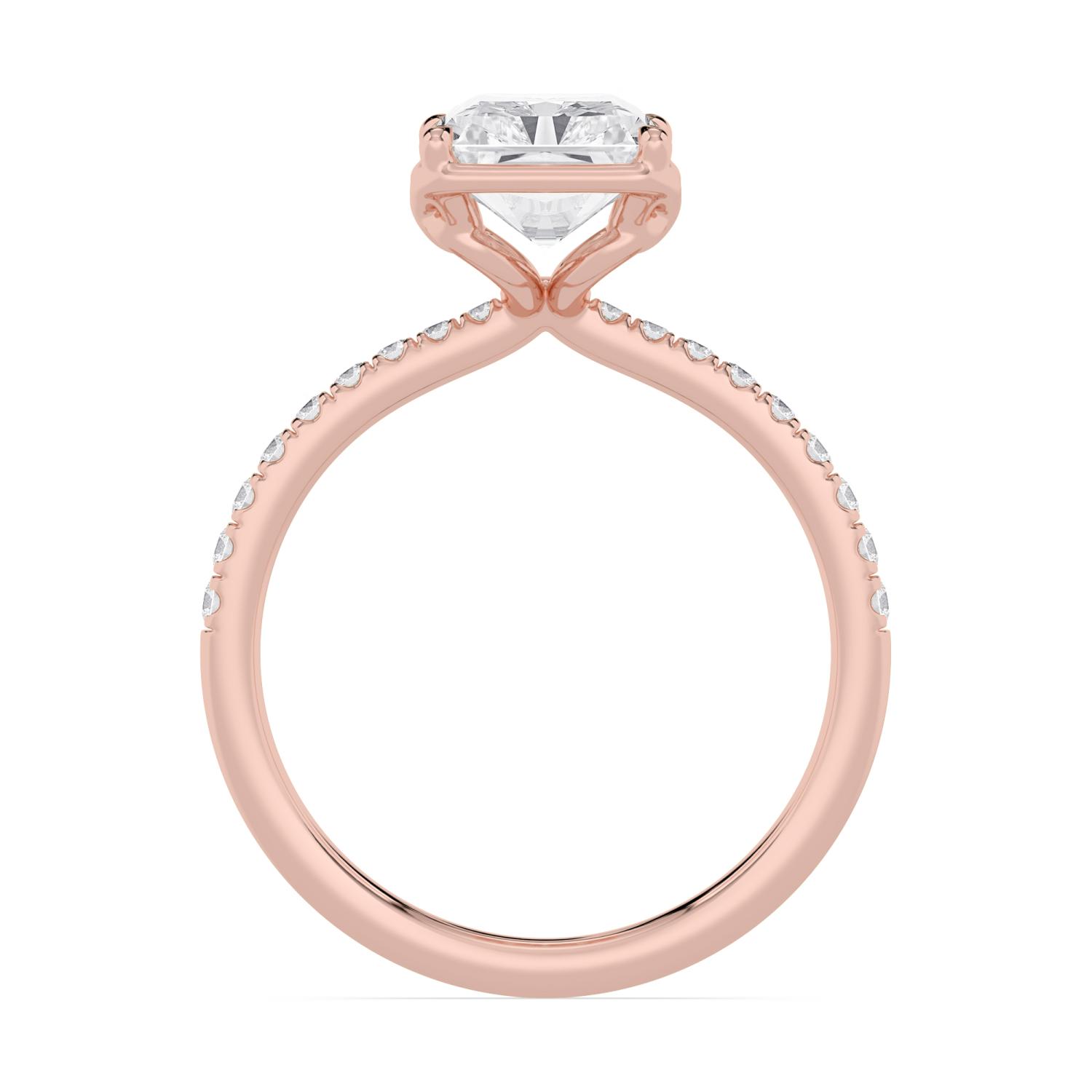 Gleam, Four Prong Radiant Solitaire, Pavé Band in Rose Gold, radiant, plain background, alternate view