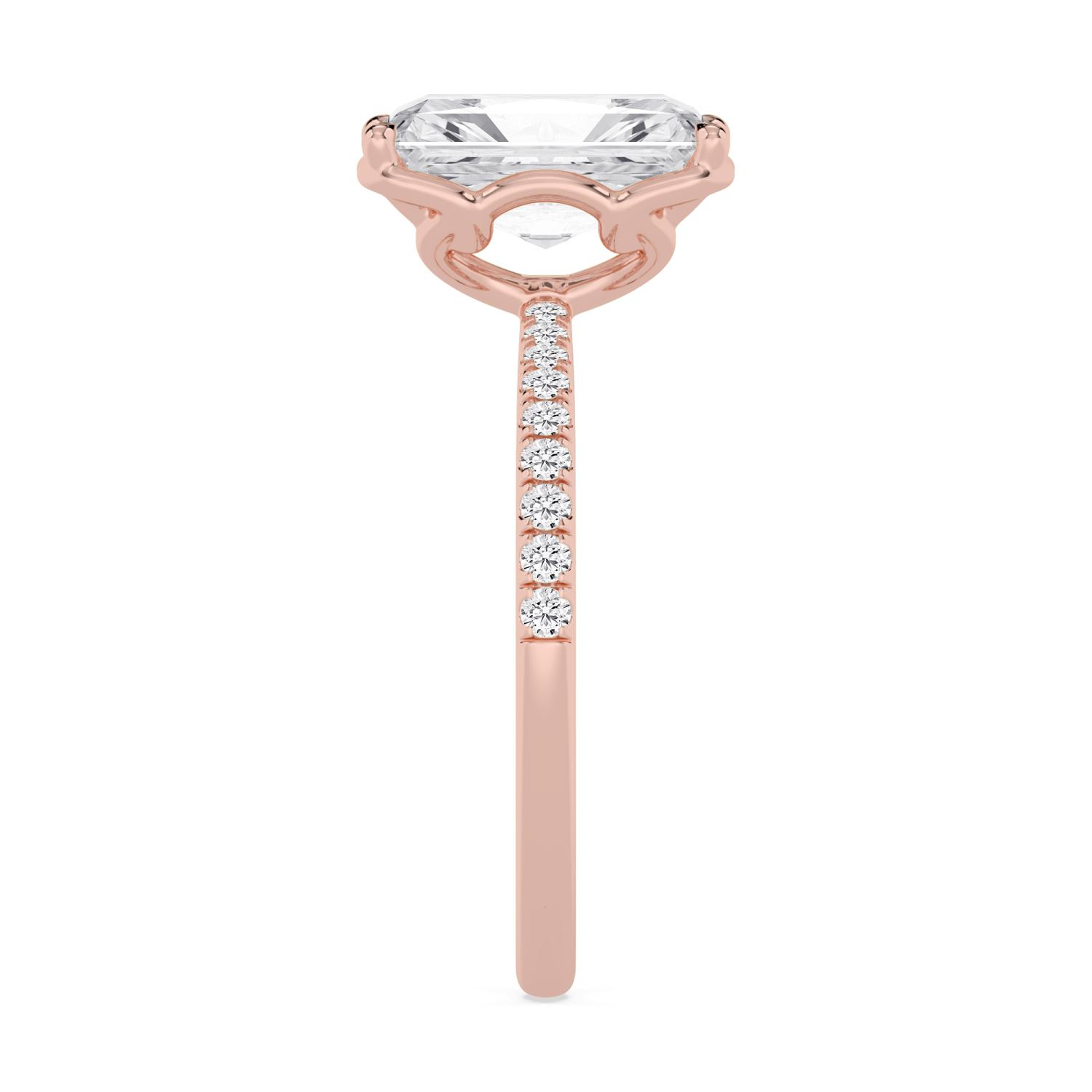 Gleam, Four Prong Radiant Solitaire, Pavé Band in Rose Gold, radiant, plain background, alternate view