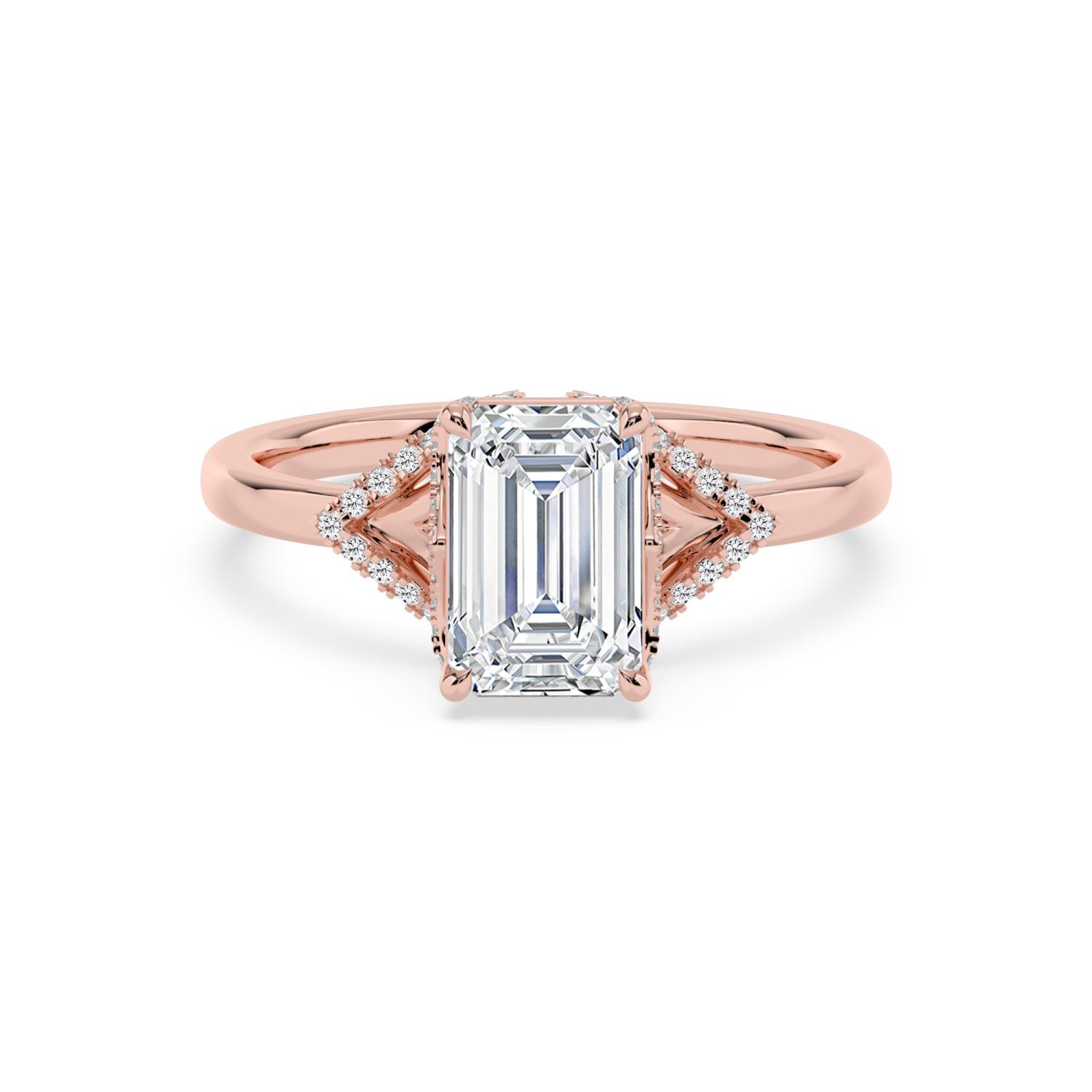 Wren, Four Prong Emerald Solitaire, Pavé Band, Split Shank in Rose Gold, emerald, plain background