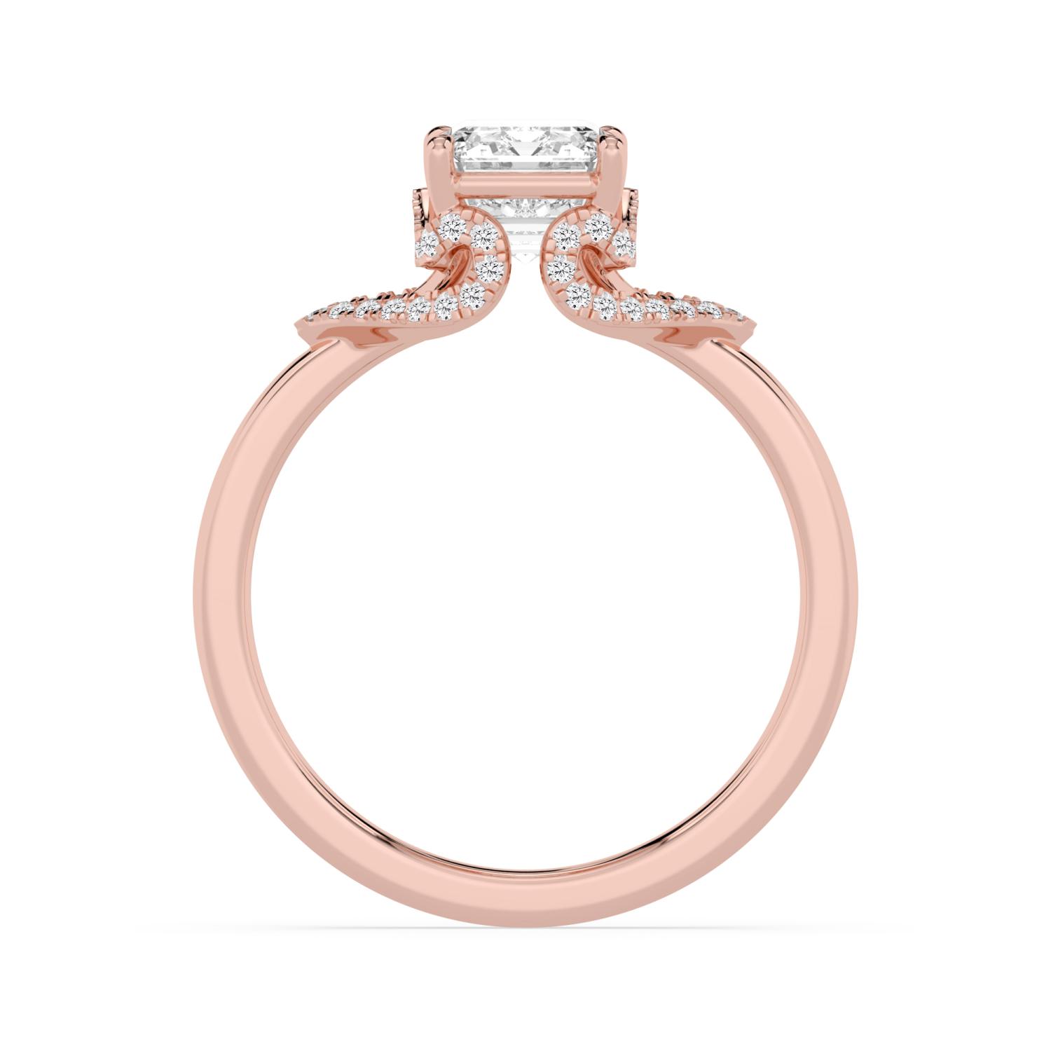 Wren, Four Prong Emerald Solitaire, Pavé Band, Split Shank in Rose Gold, emerald, plain background, alternate view