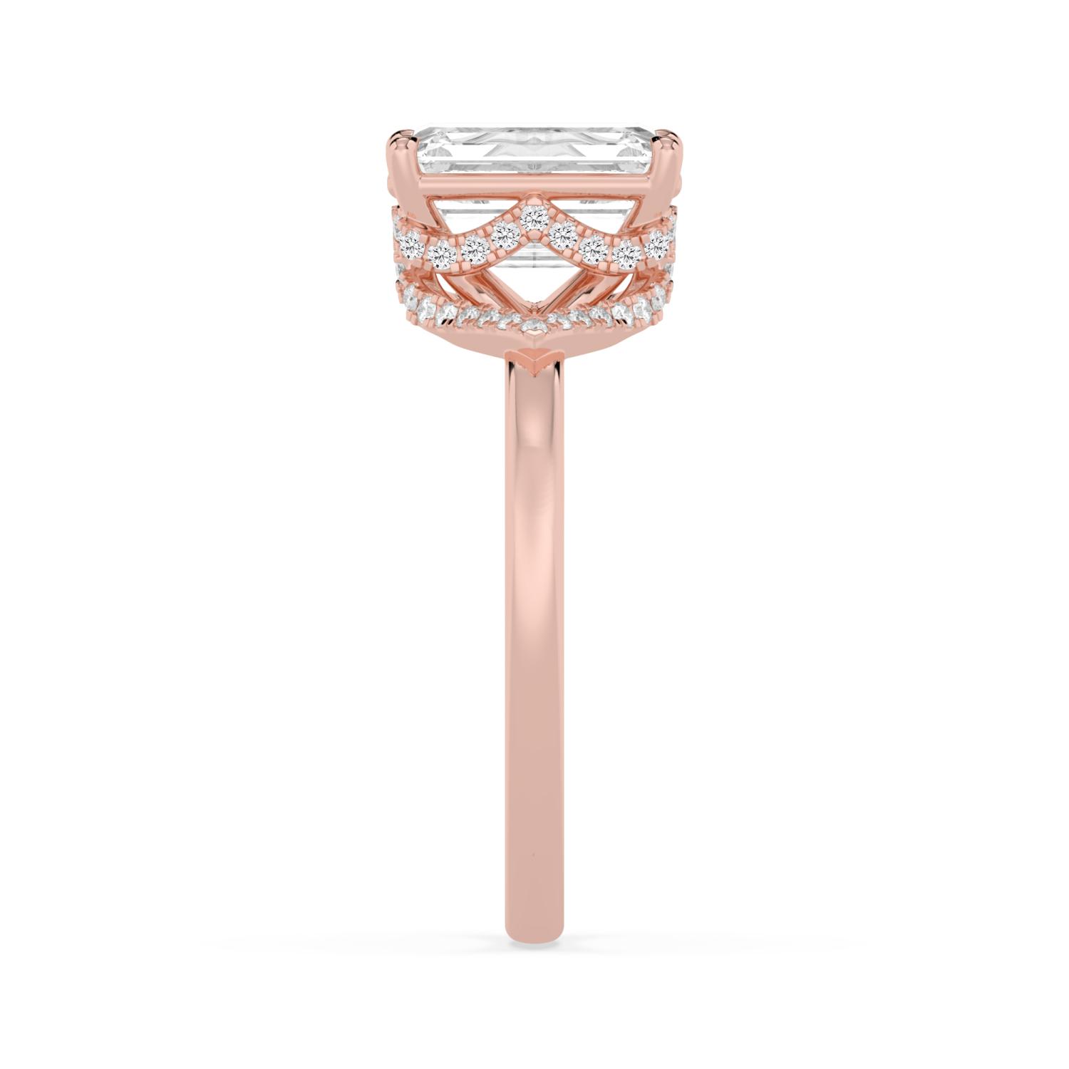 Wren, Four Prong Emerald Solitaire, Pavé Band, Split Shank in Rose Gold, emerald, plain background, alternate view
