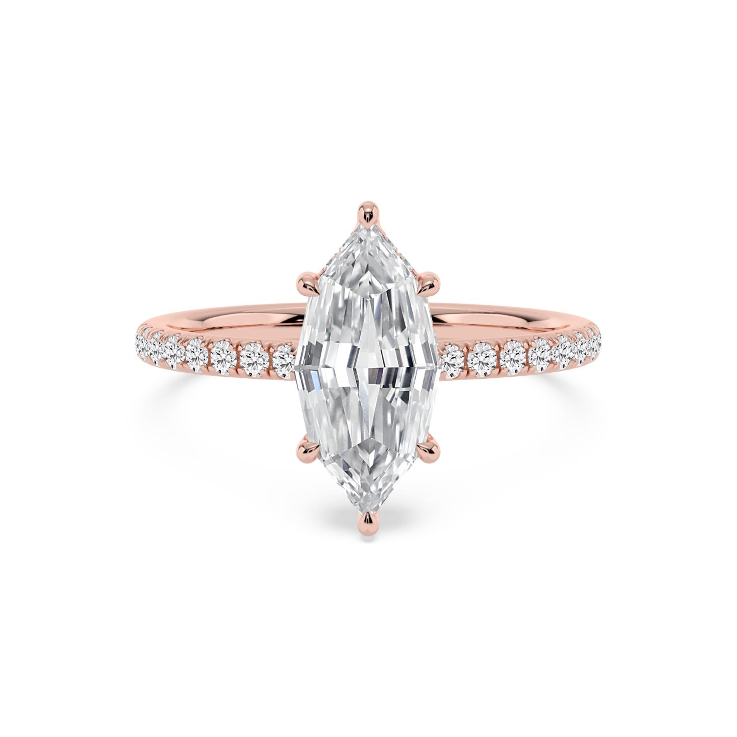 Aster, Six Prong Step-cut Marquise Solitaire, Fine Pavé Band in Rose Gold, marquise, plain background
