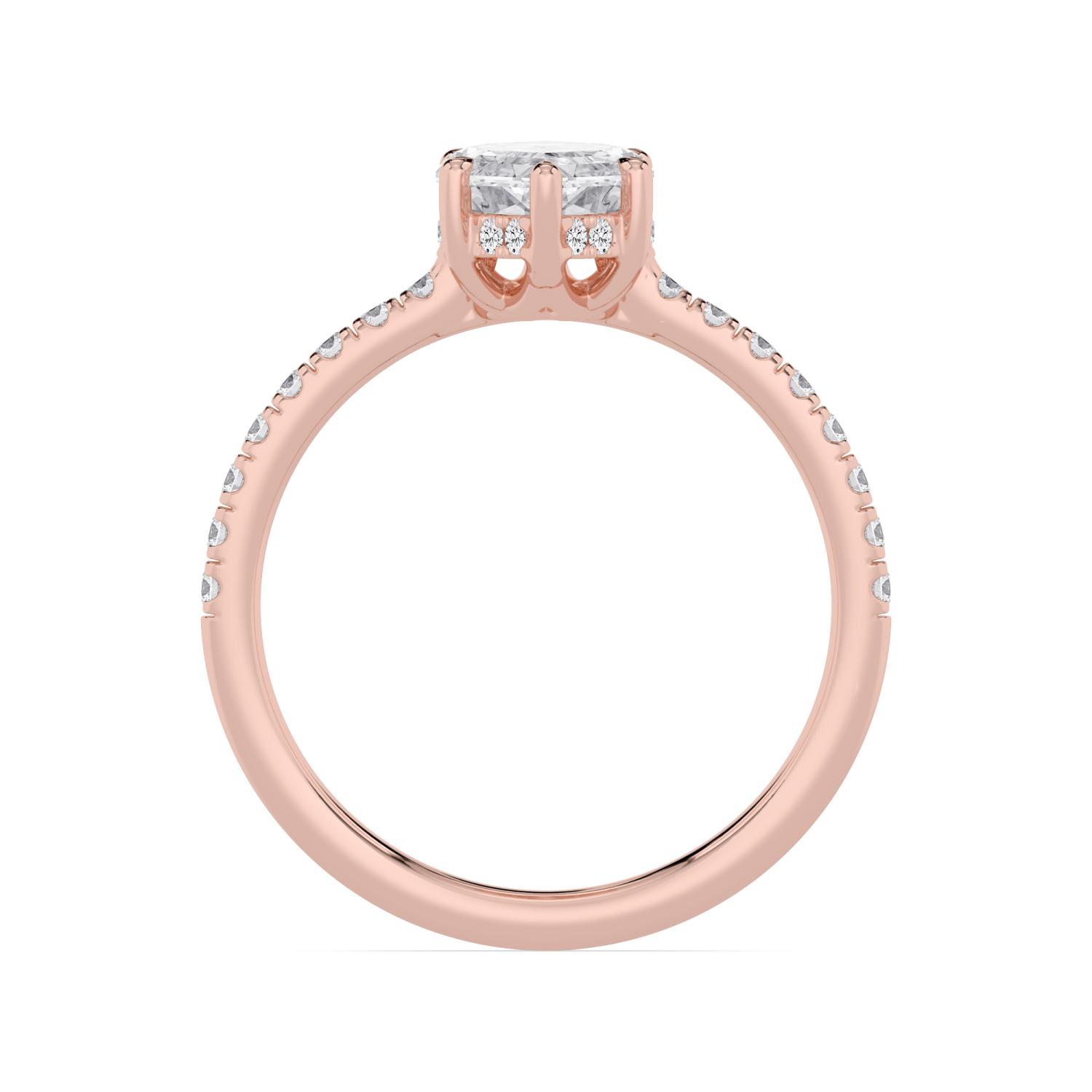 Aster, Six Prong Step-cut Marquise Solitaire, Fine Pavé Band in Rose Gold, marquise, plain background, alternate view