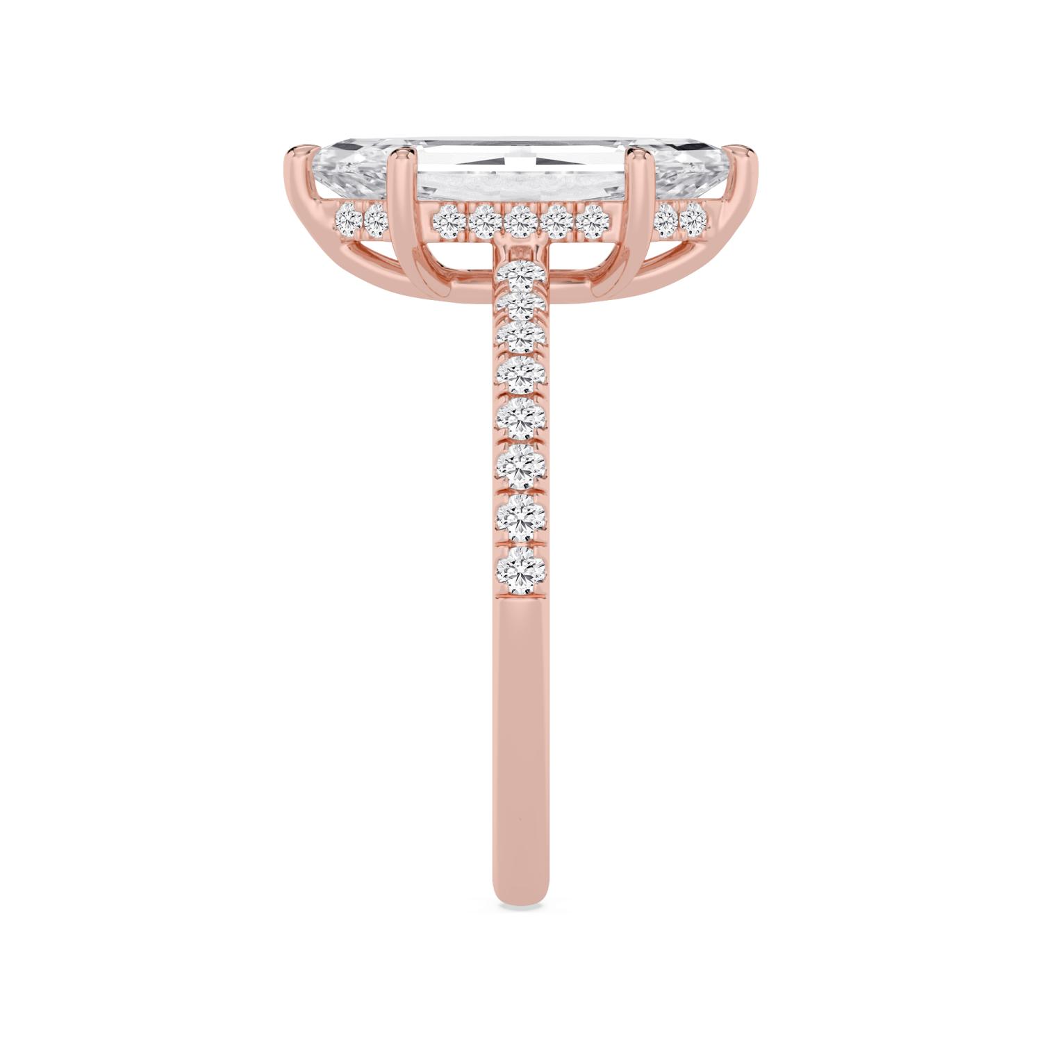 Aster, Six Prong Step-cut Marquise Solitaire, Fine Pavé Band in Rose Gold, marquise, plain background, alternate view