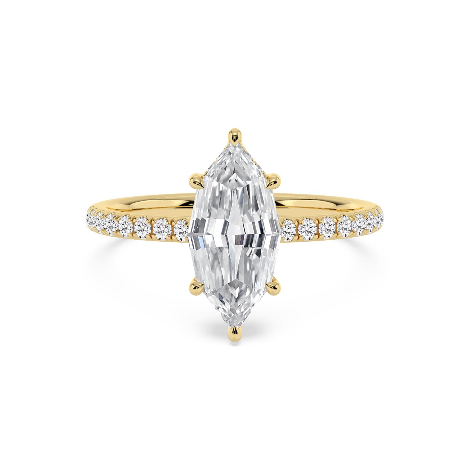 Aster, Four Prong Step-cut marquise Solitaire, Pavé Band in Yellow Gold, marquise, plain background