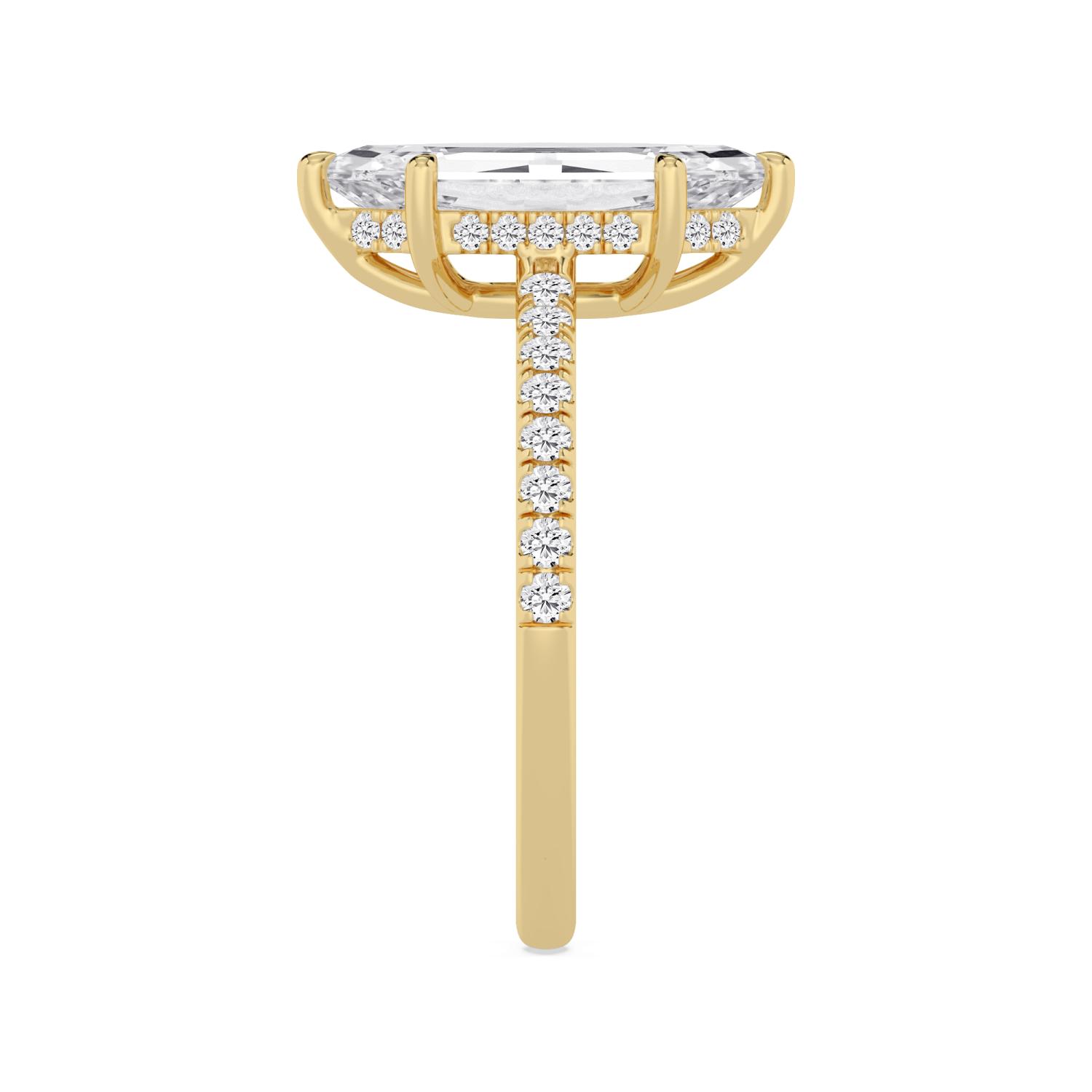 Aster, Four Prong Step-cut marquise Solitaire, Pavé Band in Yellow Gold, marquise, plain background, alternate view