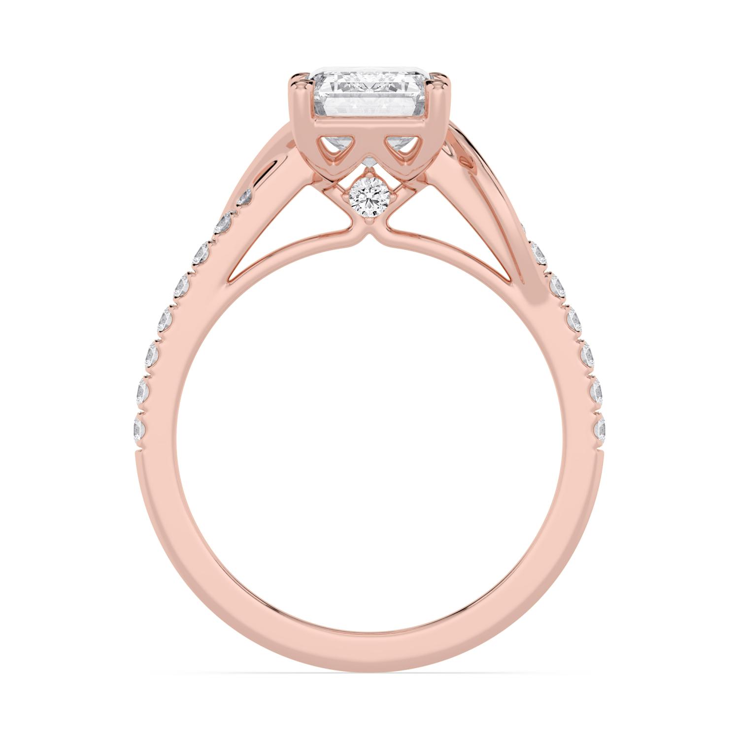 Brook, Four Prong Emerald Solitaire, Crossover Pavé Band in Rose Gold, emerald, plain background, alternate view