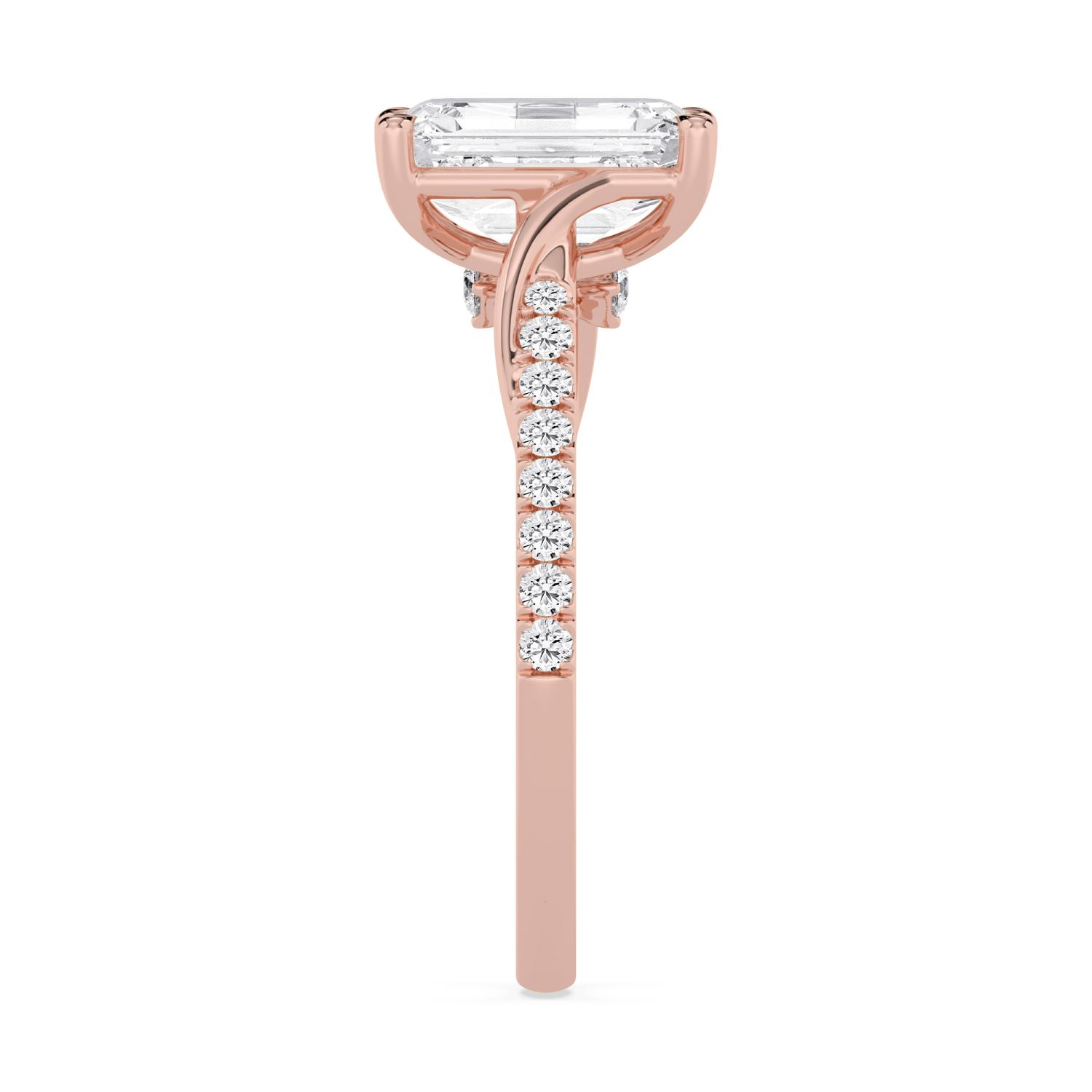 Brook, Four Prong Emerald Solitaire, Crossover Pavé Band in Rose Gold, emerald, plain background, alternate view
