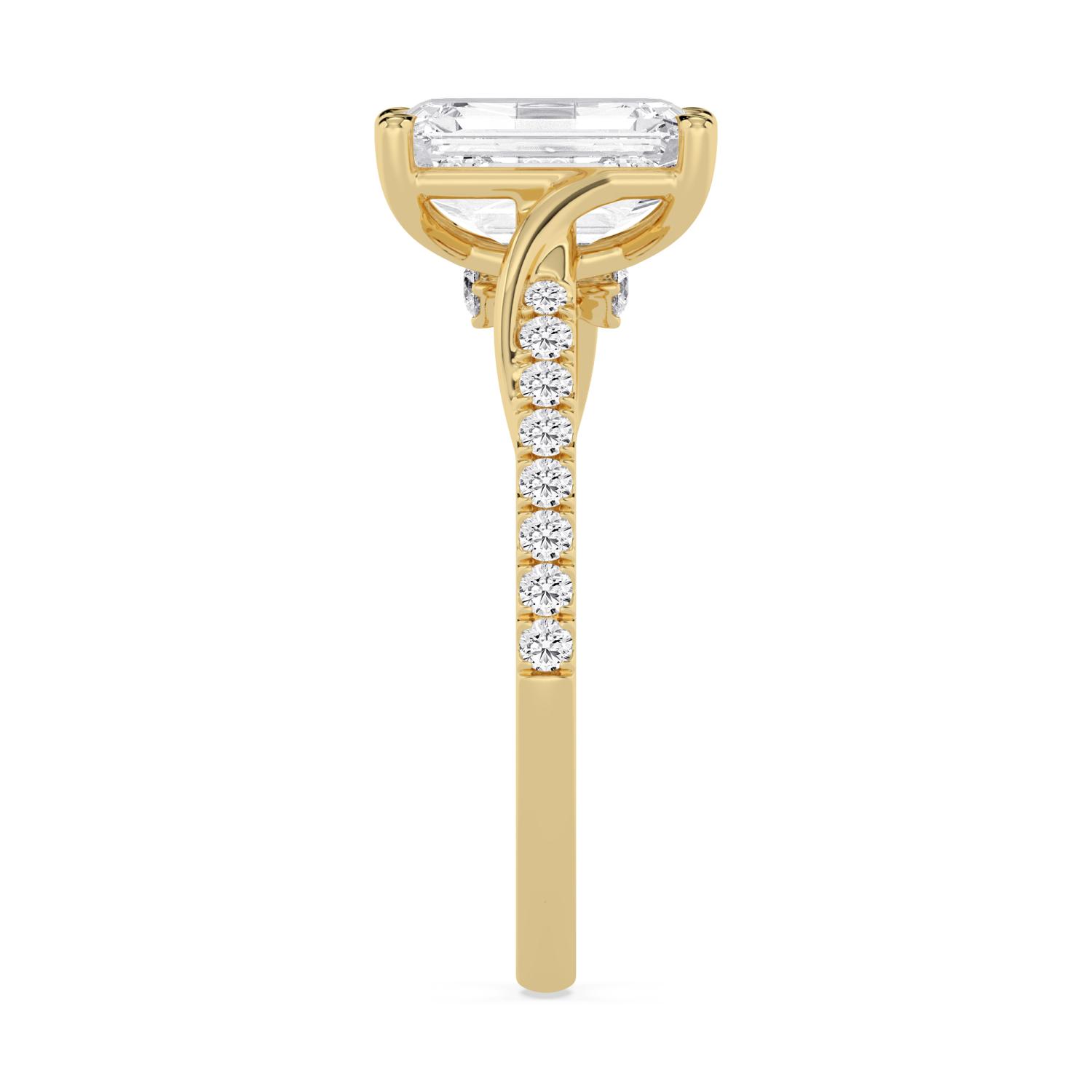 Brook, Four Prong Emerald Solitaire, Pavé Band in Yellow Gold, emerald, plain background, alternate view