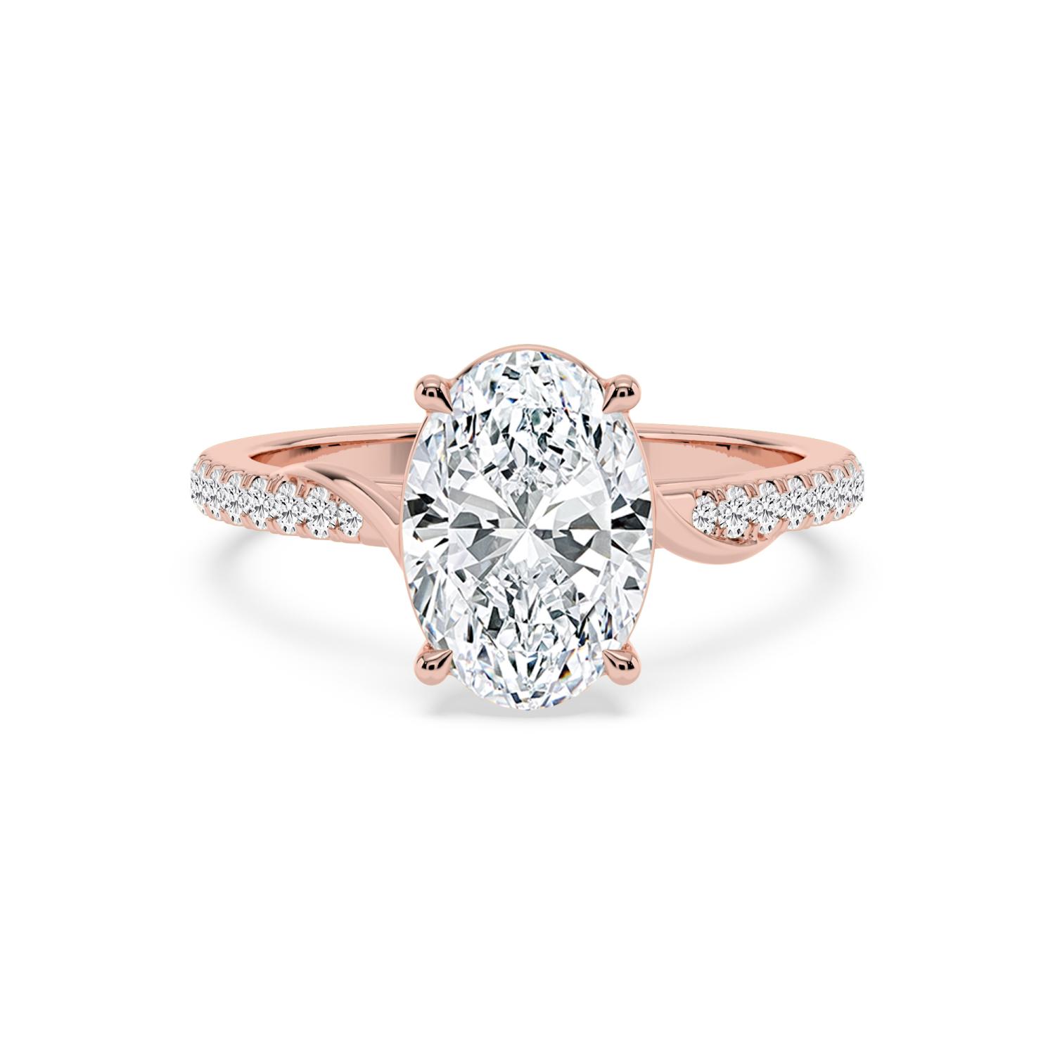 Glade, Four Prong Oval Solitaire, Crossover Pavé Band in Rose Gold, oval, plain background