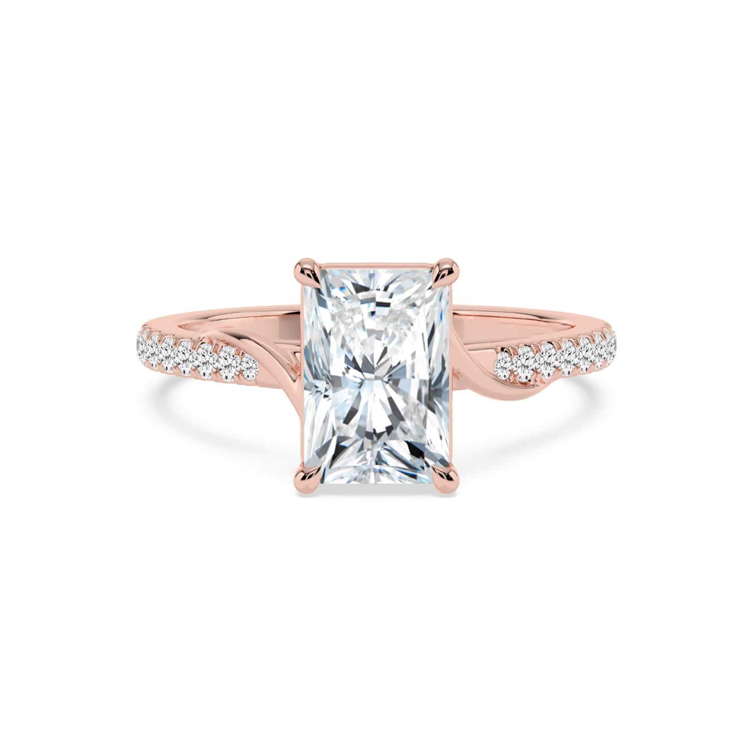 Hush, Four Prong Radiant Solitaire, Pavé Band in Rose Gold, radiant, plain background