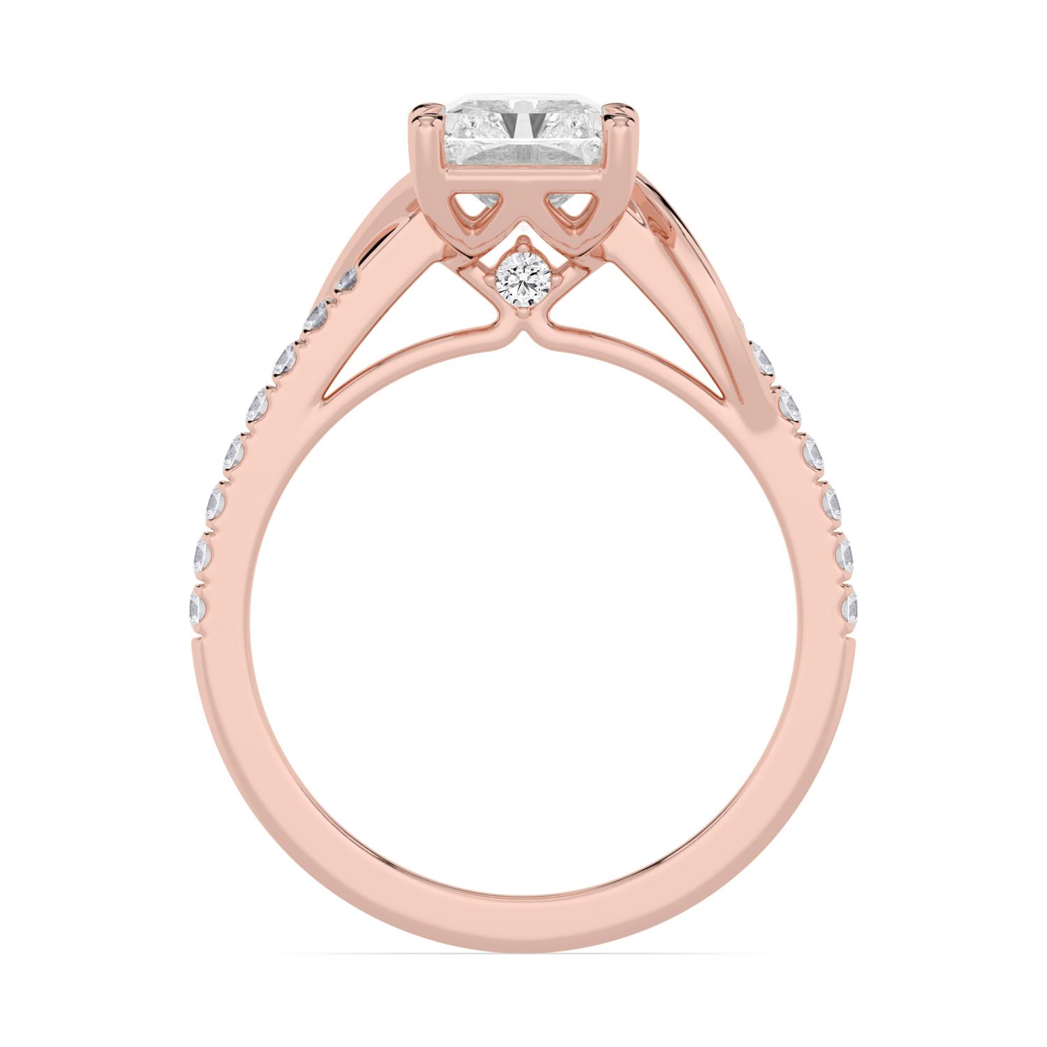 Hush, Four Prong Radiant Solitaire, Pavé Band in Rose Gold, radiant, plain background, alternate view