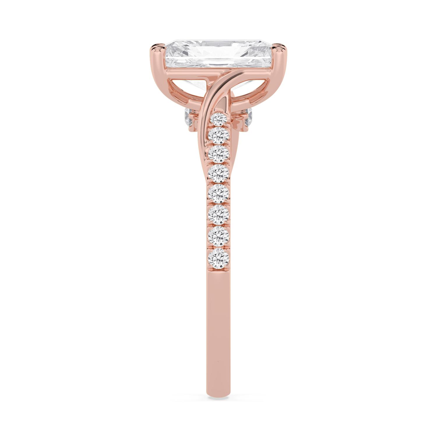 Hush, Four Prong Radiant Solitaire, Pavé Band in Rose Gold, radiant, plain background, alternate view