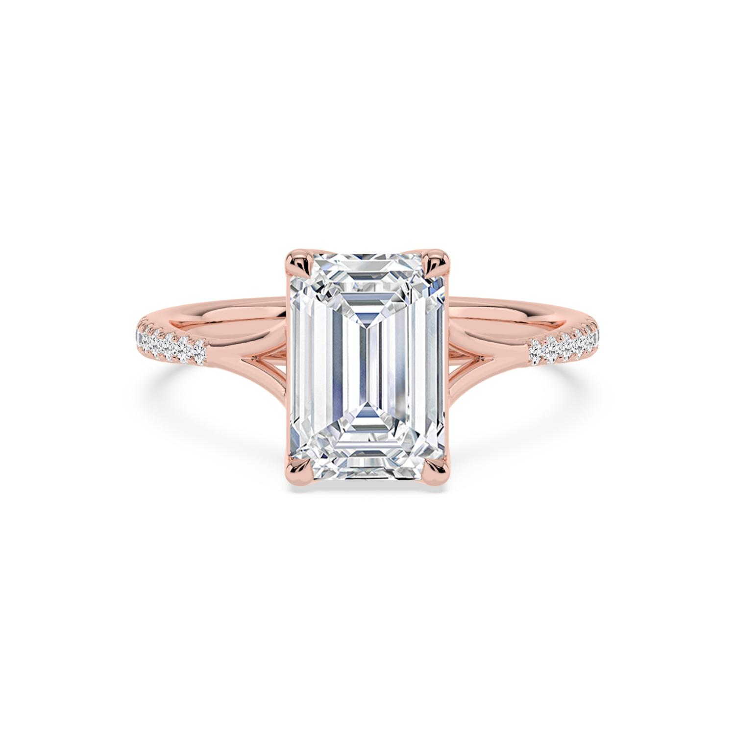 Dhriya, Four Prong Emerald Solitaire, Pavé Band, Split Shank in Rose Gold, emerald, plain background