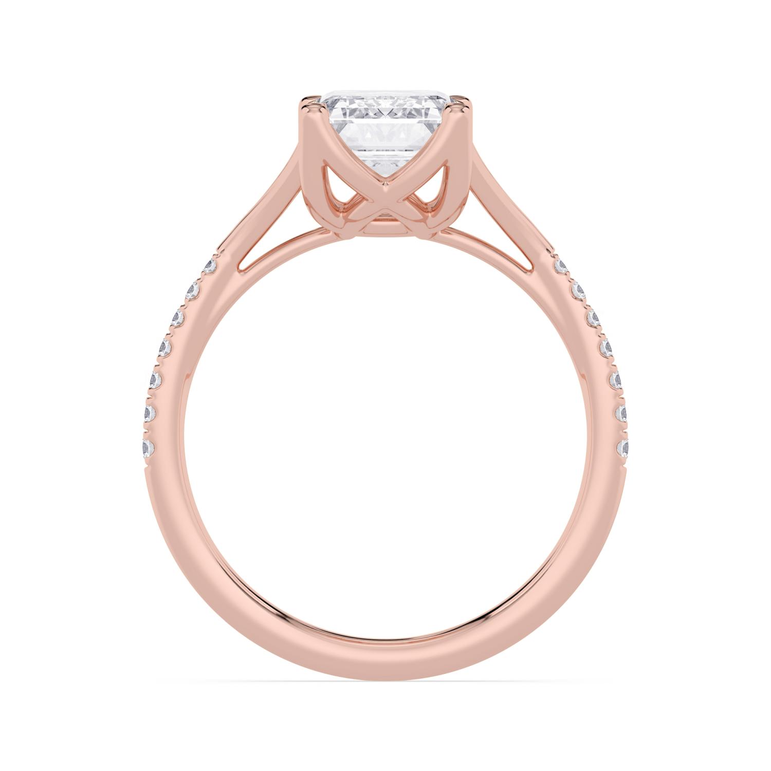 Dhriya, Four Prong Emerald Solitaire, Pavé Band, Split Shank in Rose Gold, emerald, plain background, alternate view
