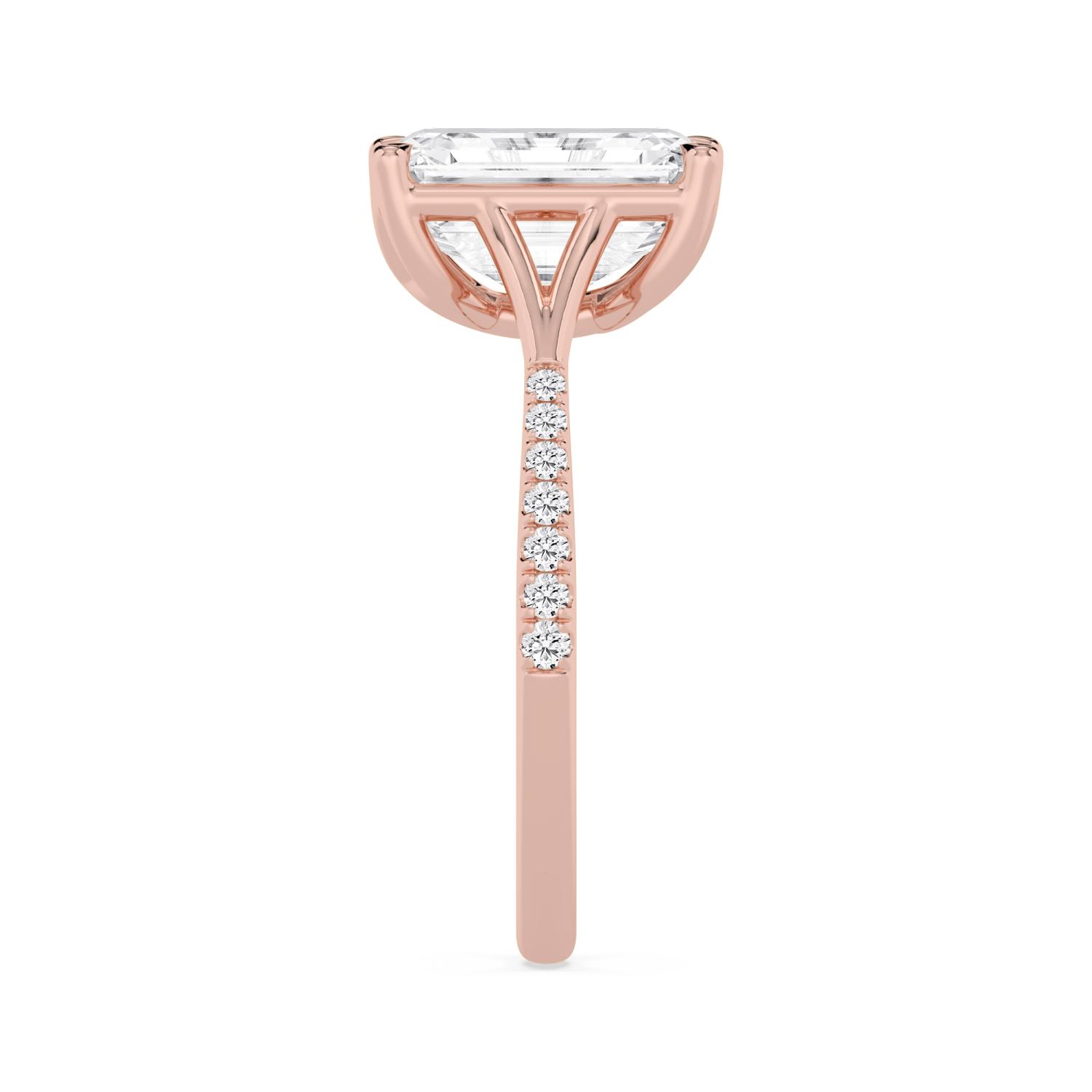 Dhriya, Four Prong Emerald Solitaire, Pavé Band, Split Shank in Rose Gold, emerald, plain background, alternate view