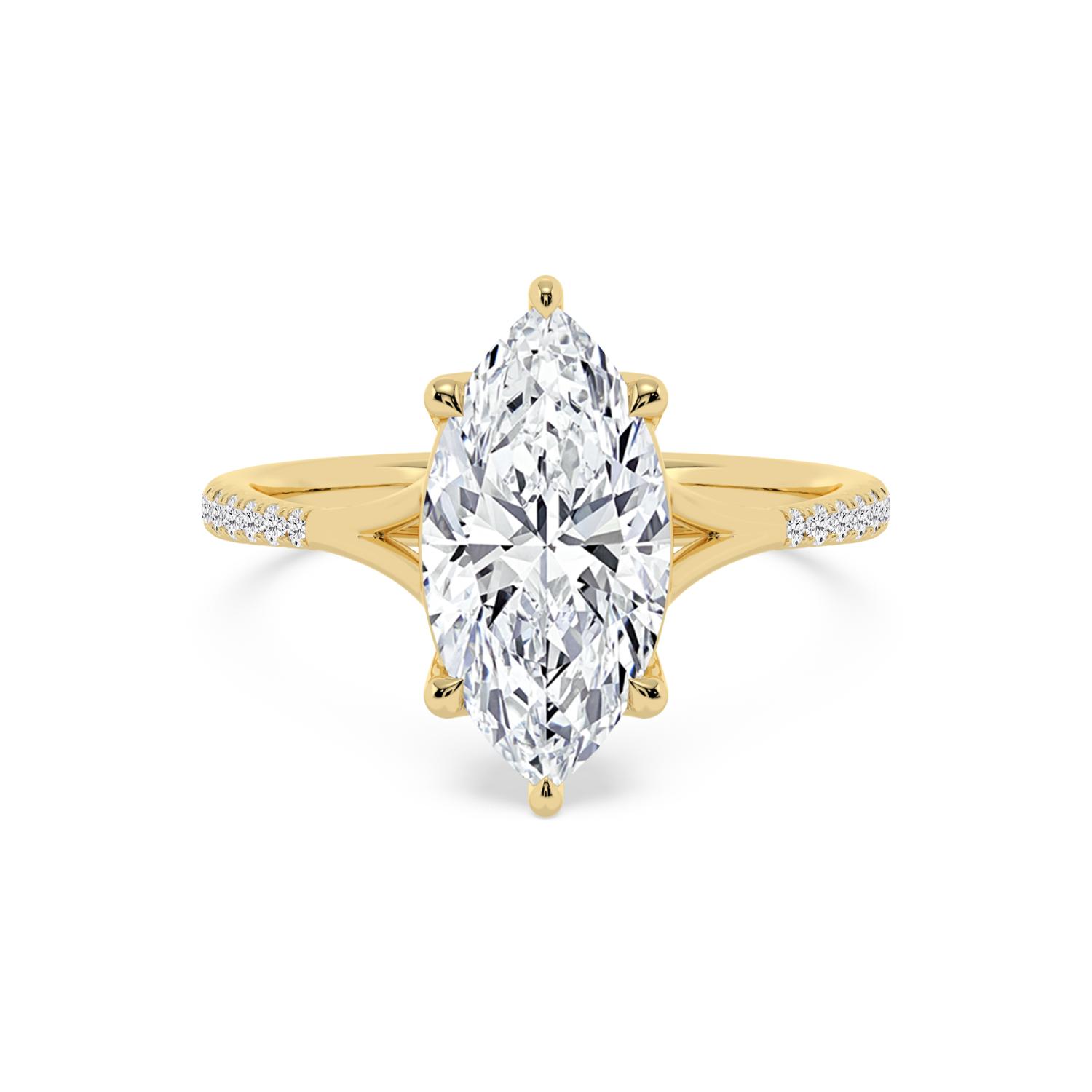 Islet, Six Prong Marquise Solitaire, Pavé Band, Split Shank in Yellow Gold, marquise, plain background