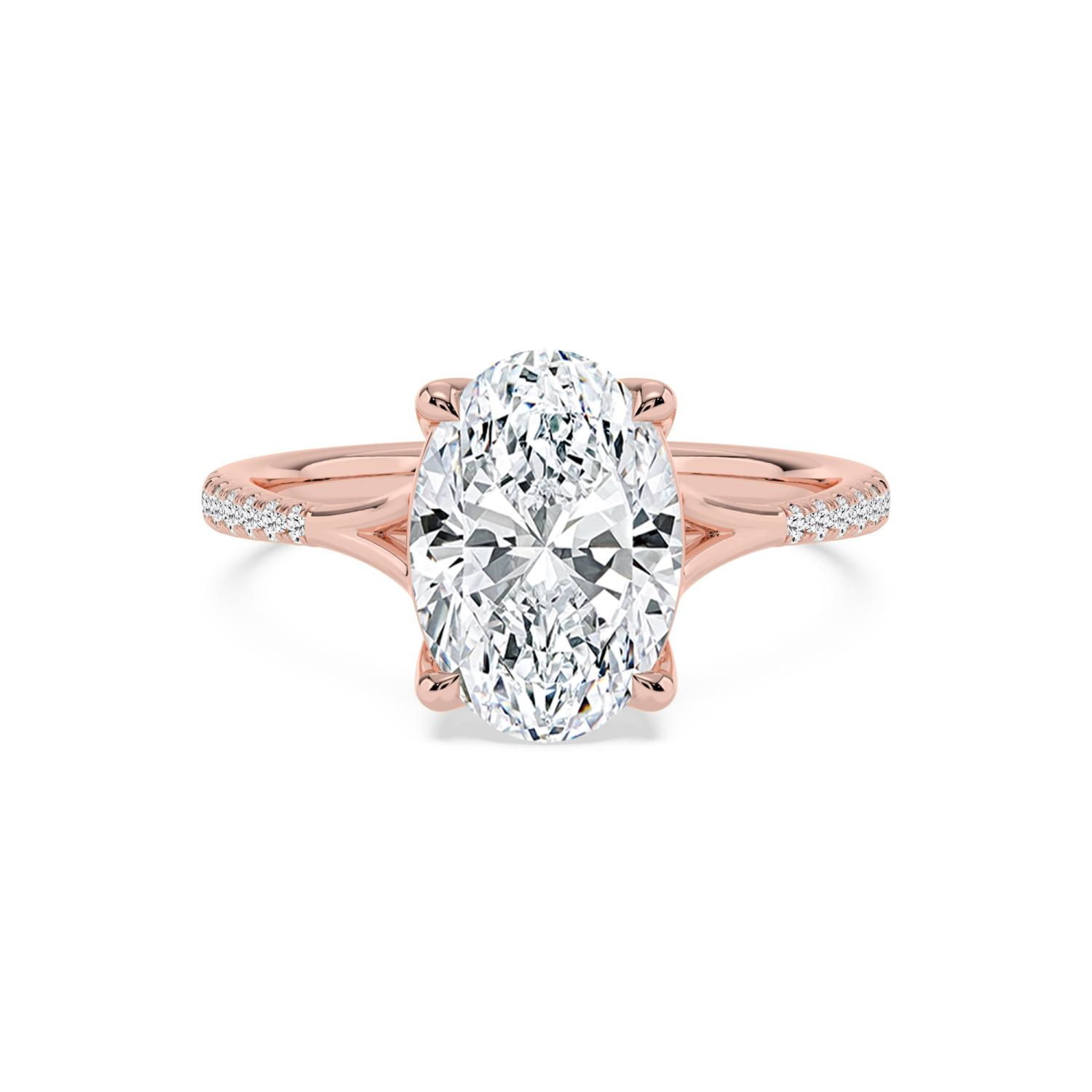 Haze, Four Prong Oval Solitaire, Pavé Band, Split Shank in Rose Gold, oval, plain background