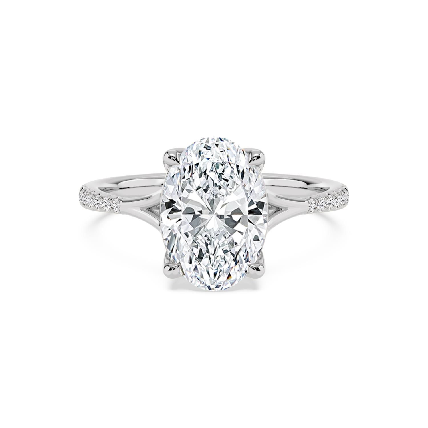 Haze, Four Prong Oval Solitaire, Pavé Band, Split Shank in White Gold, oval, plain background