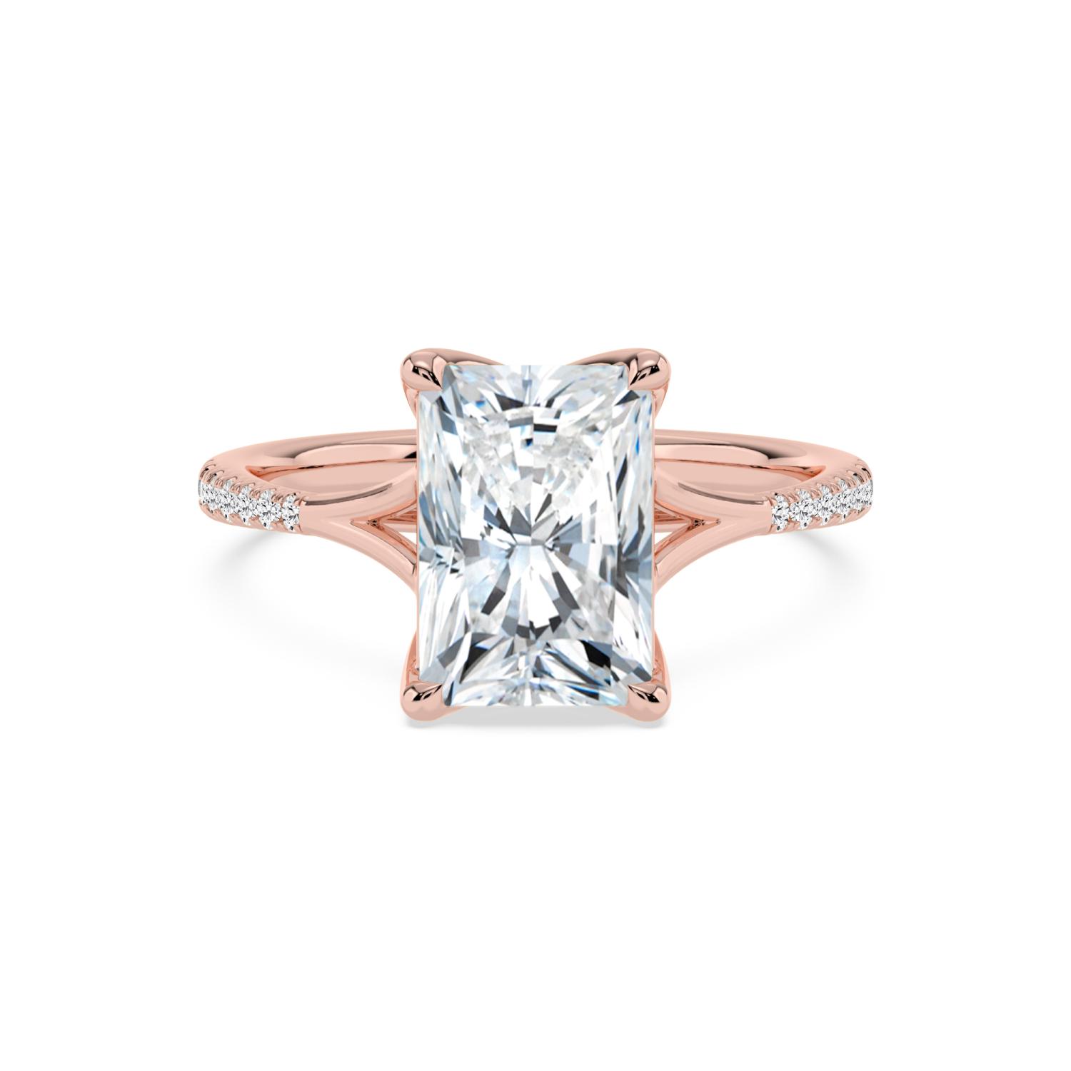 Lichen, Four Prong Radiant Solitaire, Pavé Band, Split Shank in Rose Gold, radiant, plain background