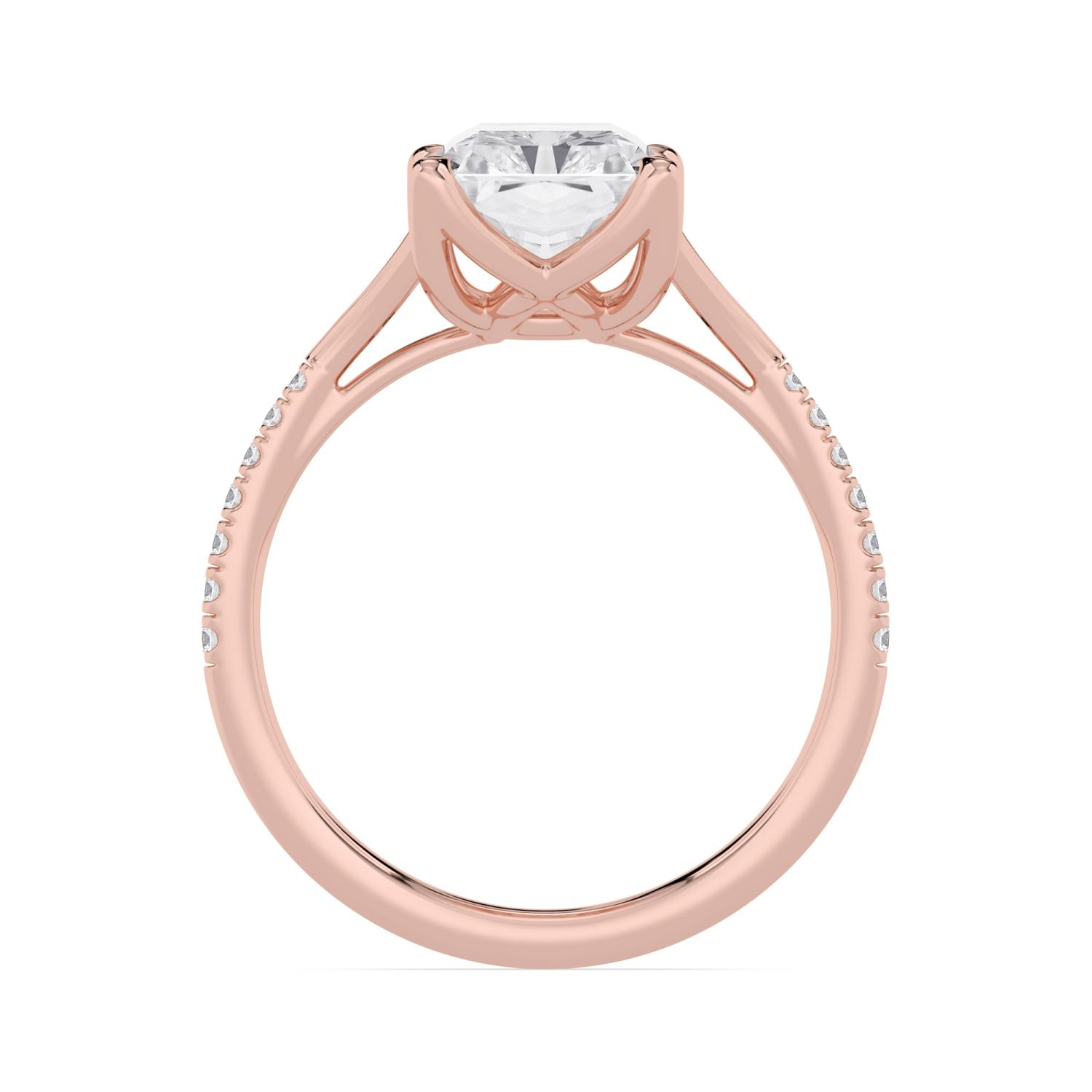 Lichen, Four Prong Radiant Solitaire, Pavé Band, Split Shank in Rose Gold, radiant, plain background, alternate view