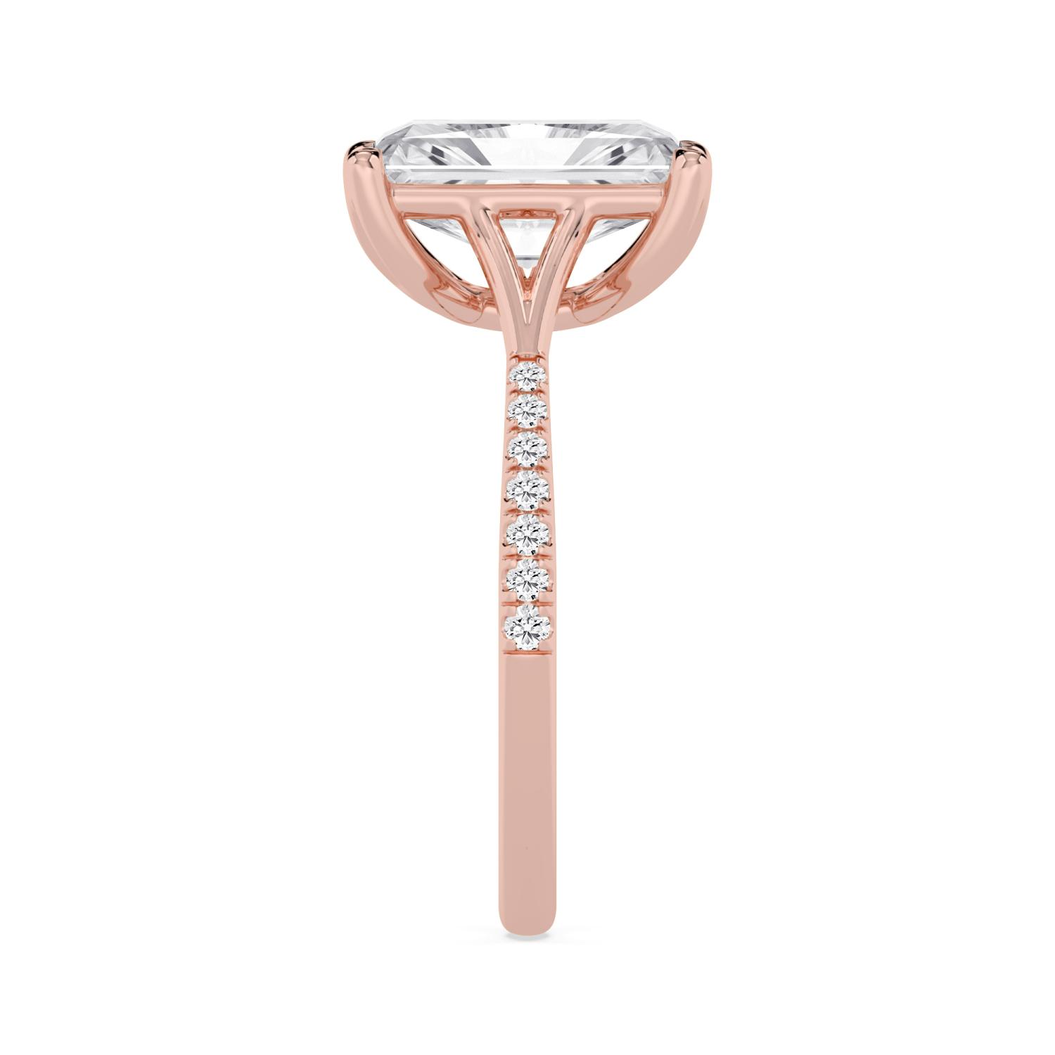 Lichen, Four Prong Radiant Solitaire, Pavé Band, Split Shank in Rose Gold, radiant, plain background, alternate view