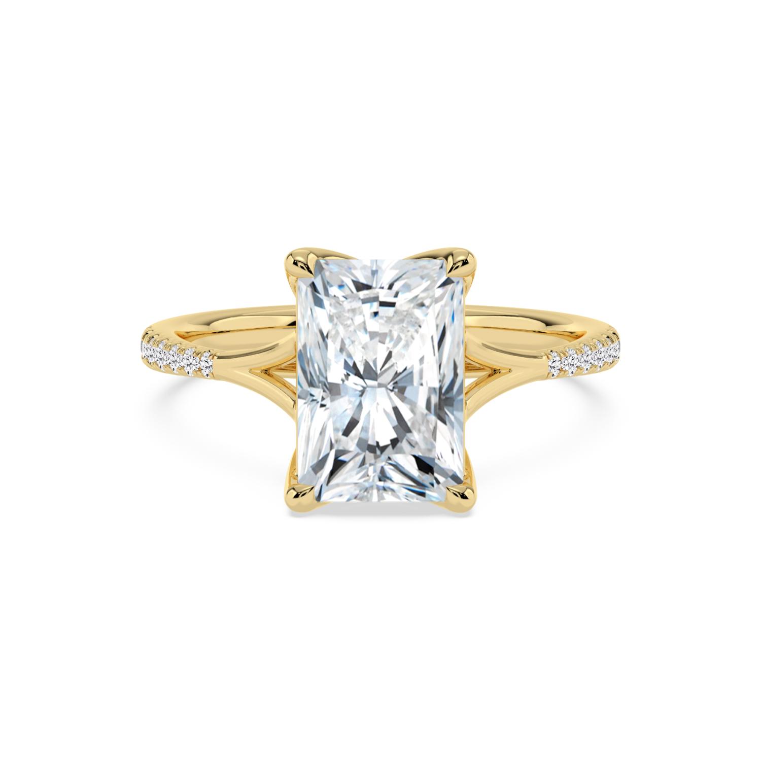 Lichen, Four Prong Radiant Solitaire, Pavé Band, Split Shank in Yellow Gold, radiant, plain background
