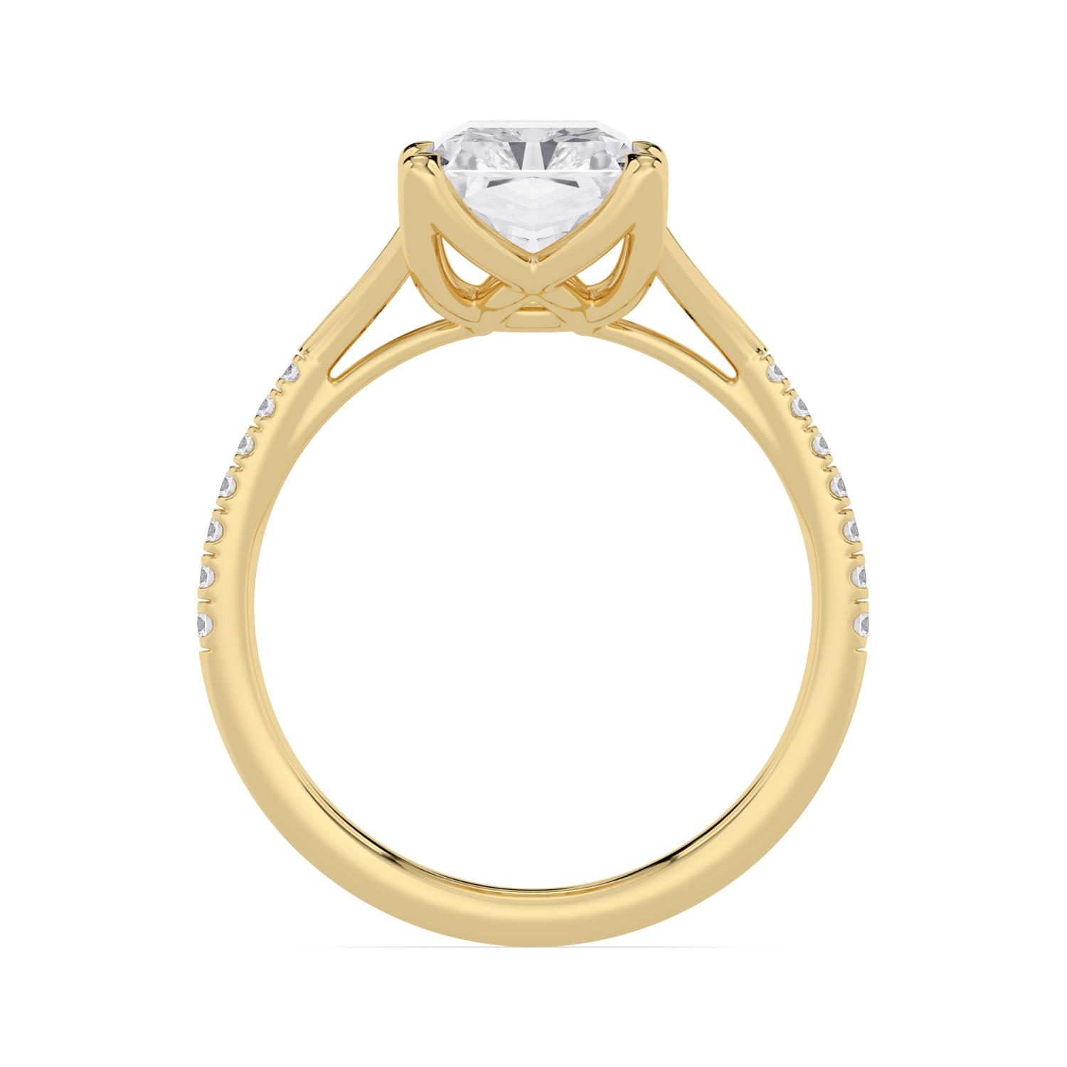 Lichen, Four Prong Radiant Solitaire, Pavé Band, Split Shank in Yellow Gold, radiant, plain background, alternate view