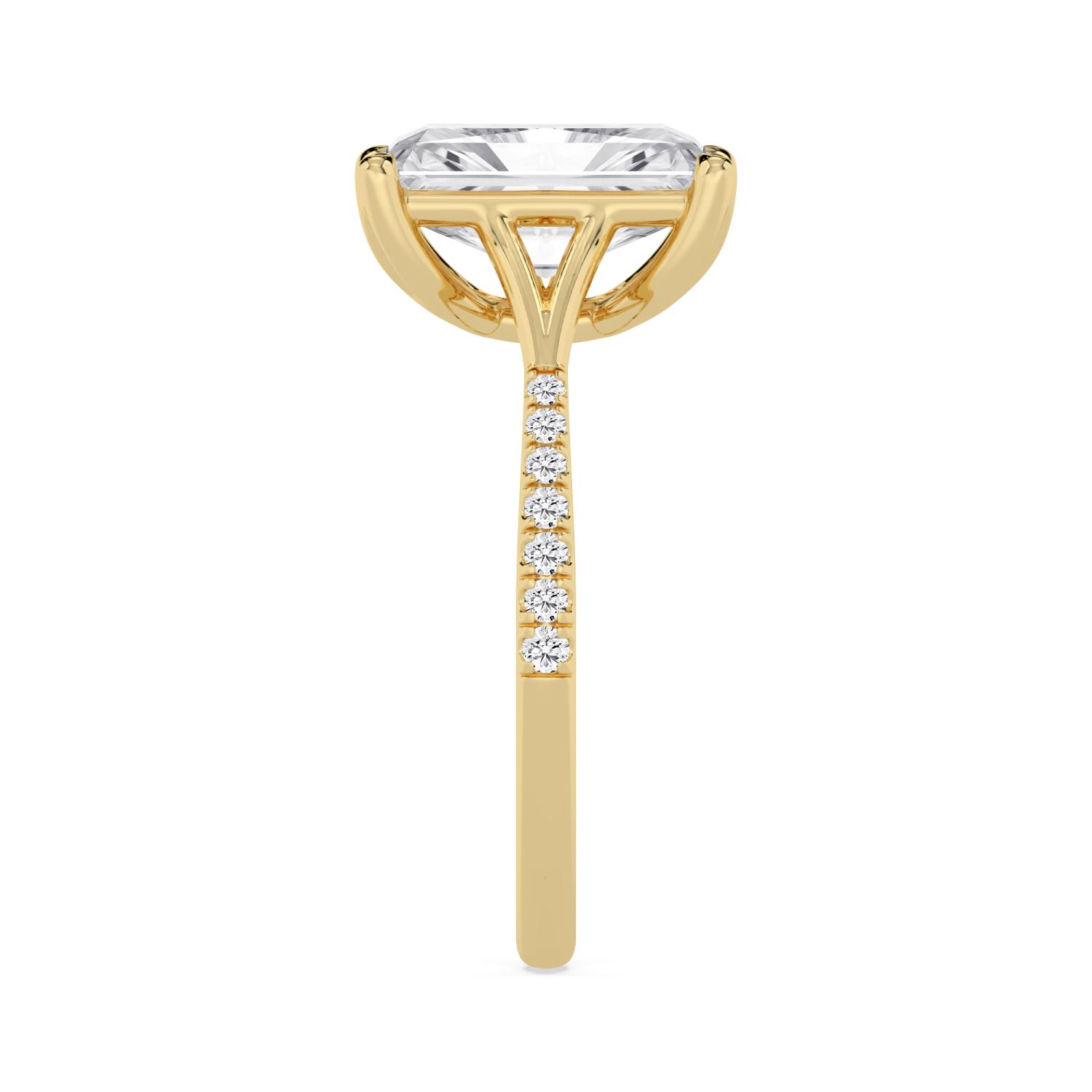 Lichen, Four Prong Radiant Solitaire, Pavé Band, Split Shank in Yellow Gold, radiant, plain background, alternate view
