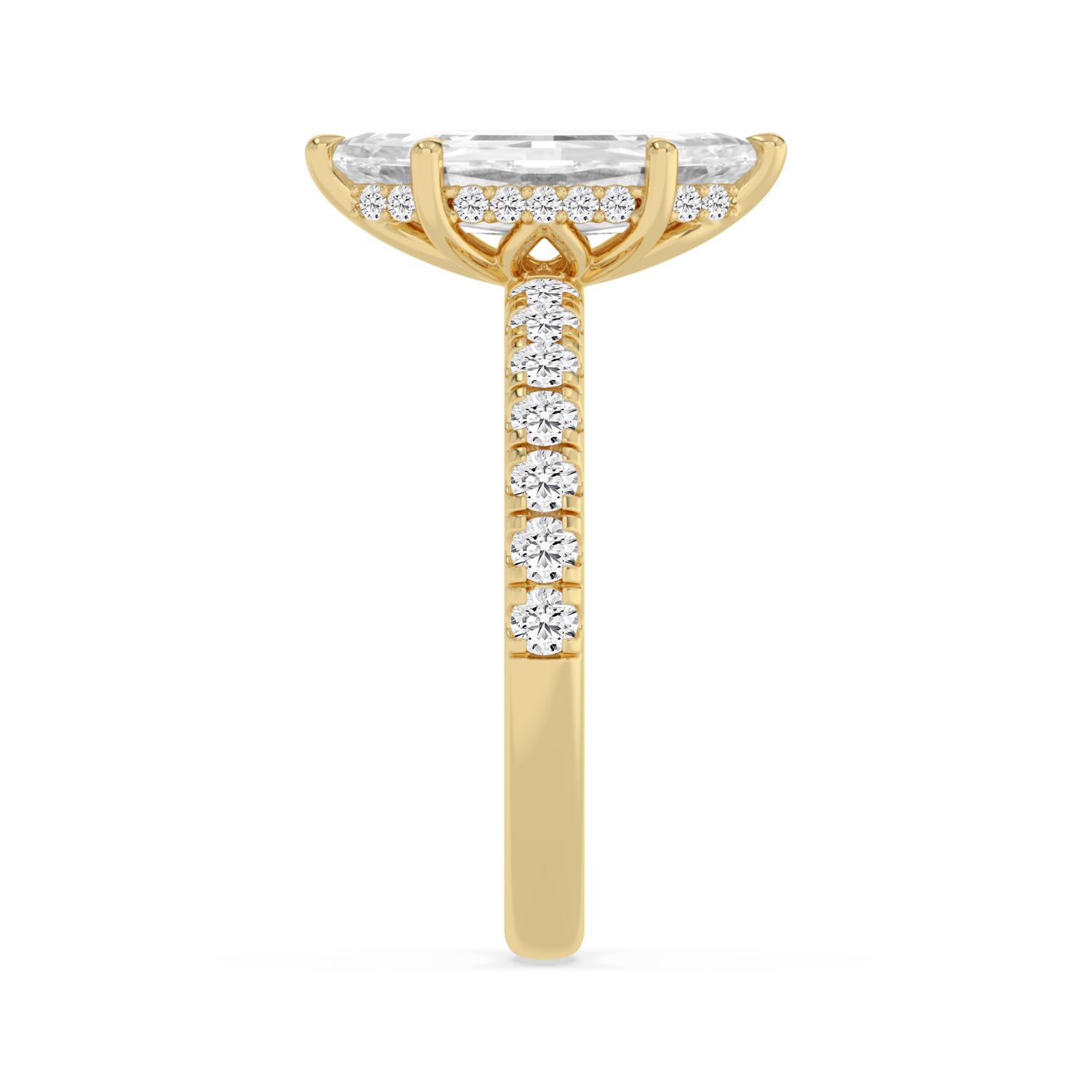 Elm, Four Prong Step-cut marquise Solitaire, Pavé Band in Yellow Gold, marquise, plain background, alternate view