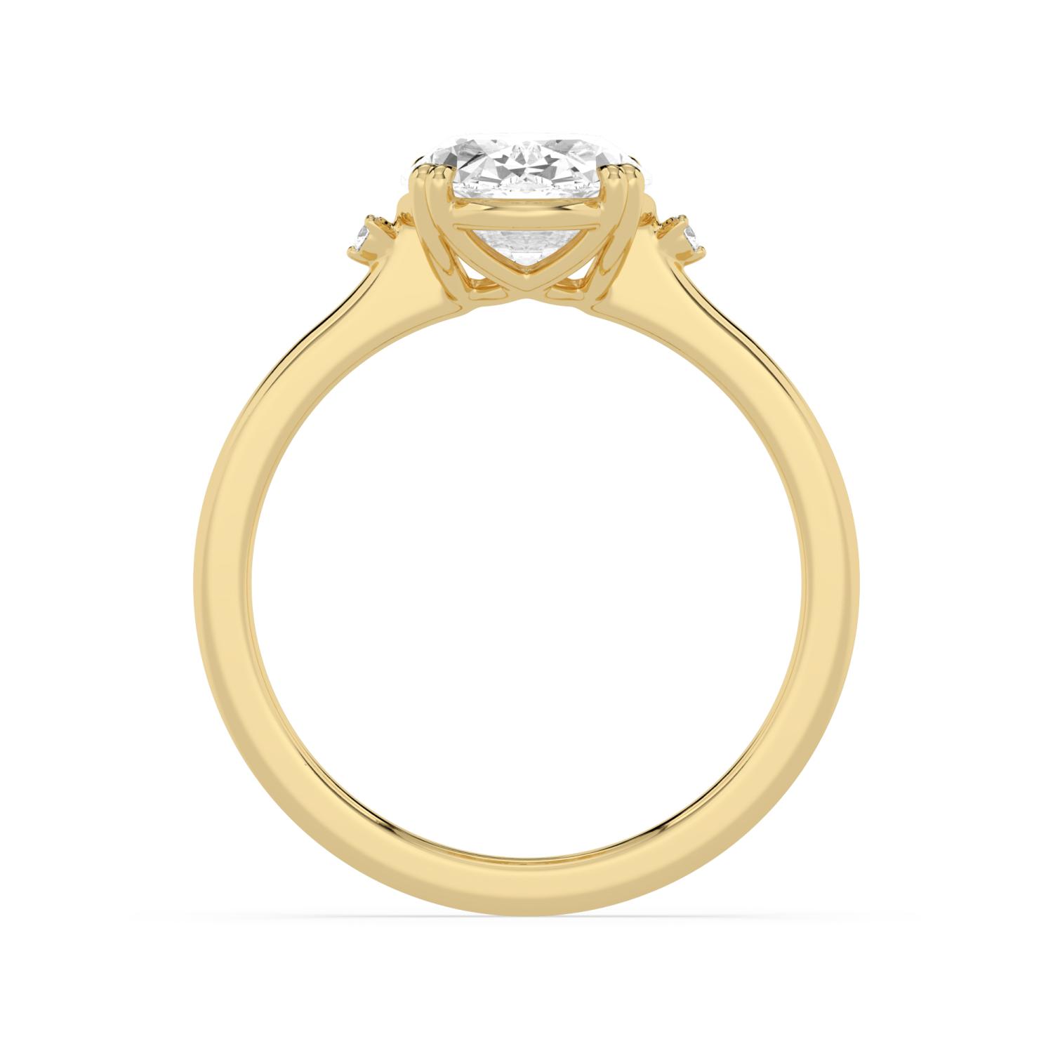 Loch, Four Prong Oval Solitaire, One Small Stone Each Side in Yellow Gold, oval, plain background, alternate view