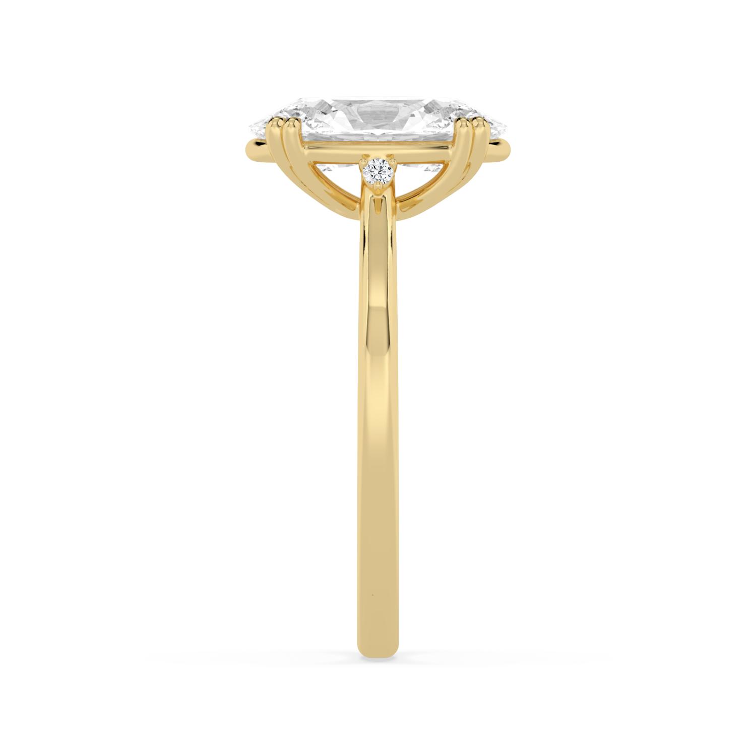 Loch, Four Prong Oval Solitaire, One Small Stone Each Side in Yellow Gold, oval, plain background, alternate view