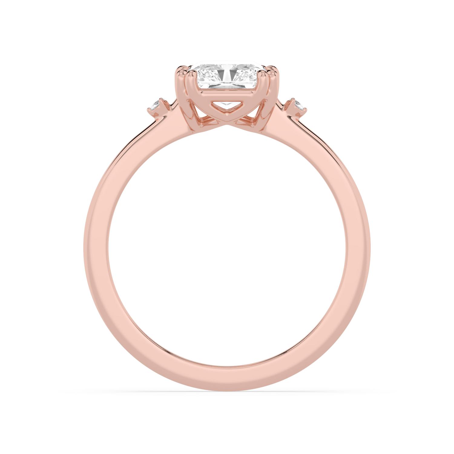Maple, Four Prong Radiant Solitaire, One Small Stone Each Side in Rose Gold, radiant, plain background, alternate view