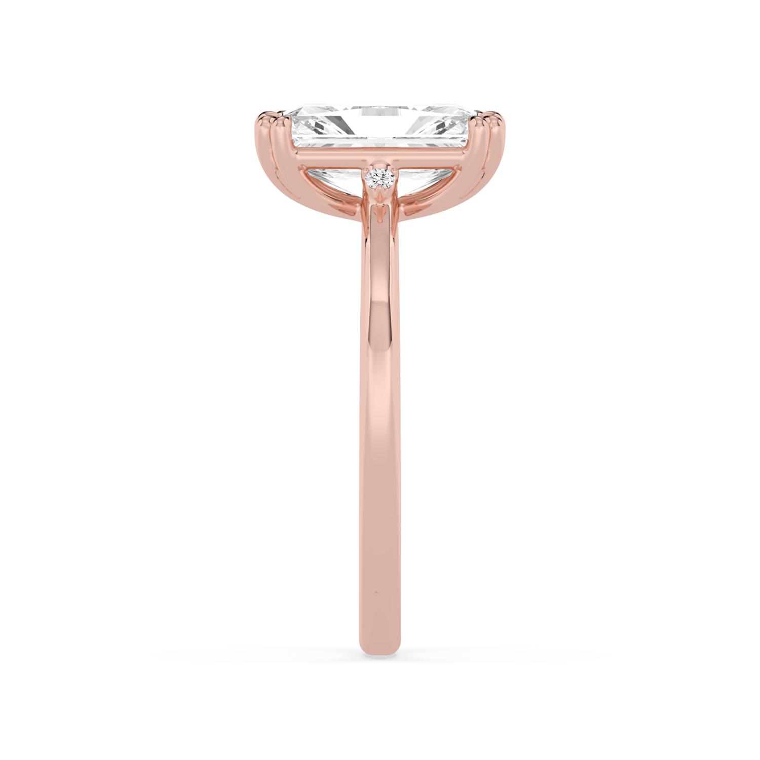 Maple, Four Prong Radiant Solitaire, One Small Stone Each Side in Rose Gold, radiant, plain background, alternate view