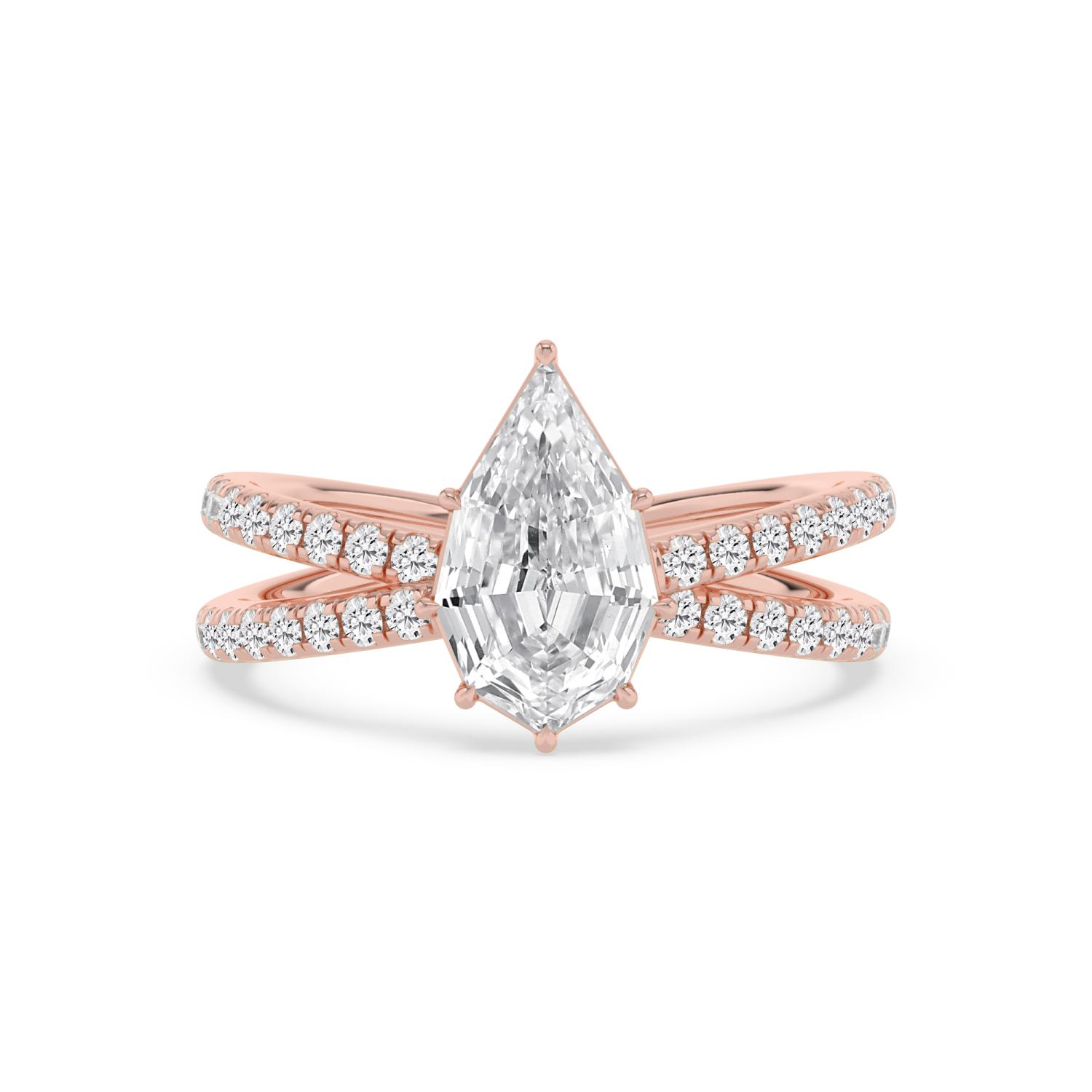 Skerry, Four Prong Step-cut pear Solitaire, Pavé Band, Split Shank in Rose Gold, pear, plain background