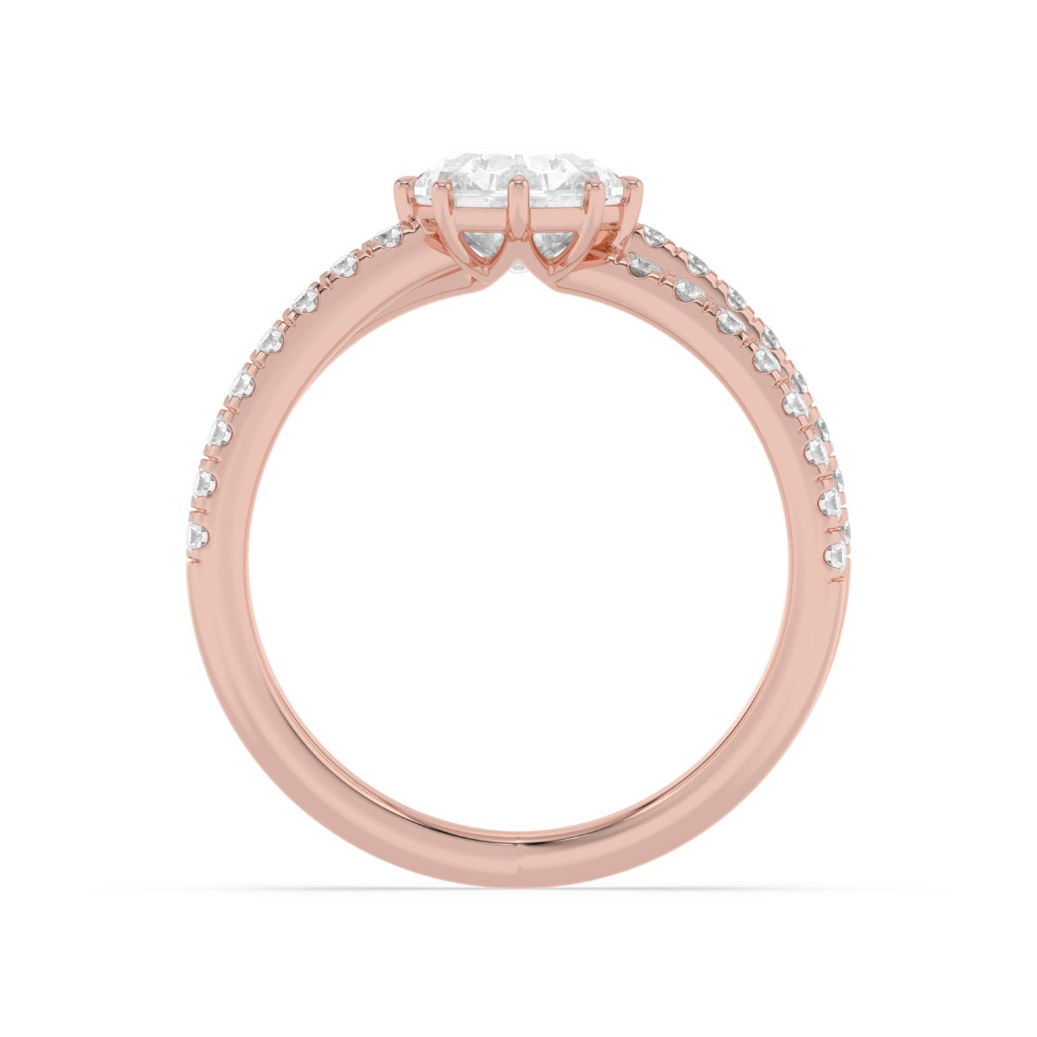Skerry, Four Prong Step-cut pear Solitaire, Pavé Band, Split Shank in Rose Gold, pear, plain background, alternate view