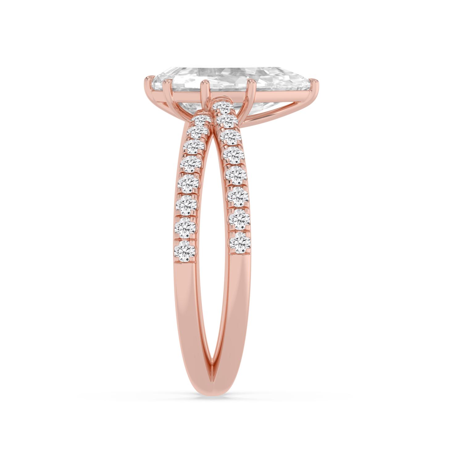 Skerry, Four Prong Step-cut pear Solitaire, Pavé Band, Split Shank in Rose Gold, pear, plain background, alternate view