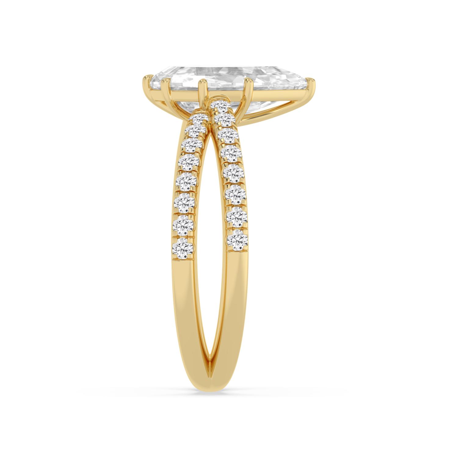 Skerry, Six Prong Step-cut Pear Solitaire, Pavé Band, Split Shank in Yellow Gold, pear, plain background, alternate view