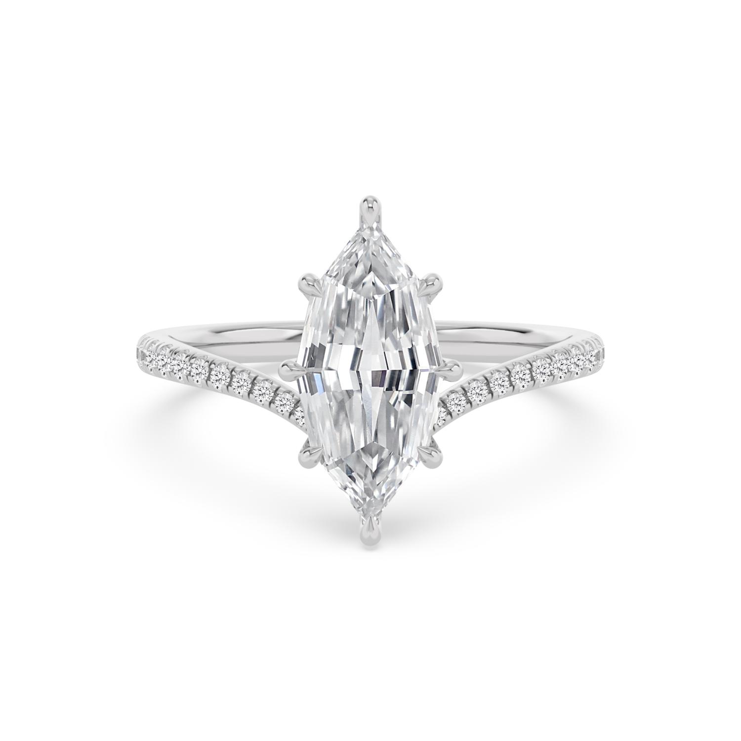 Lark, Six Prong Step-cut Marquise Solitaire, Chevron Pavé Band in White Gold, marquise, plain background