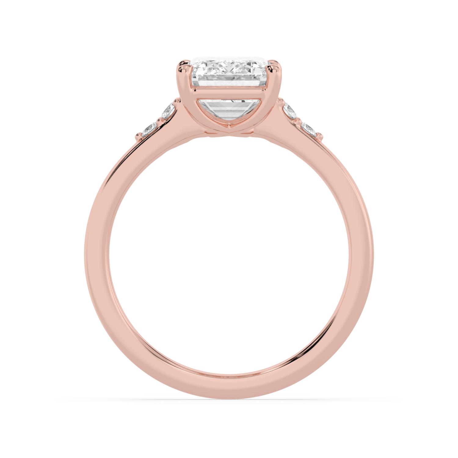 Marsh, Four Prong Emerald Solitaire, Two Small Stones Each Side in Rose Gold, emerald, plain background, alternate view