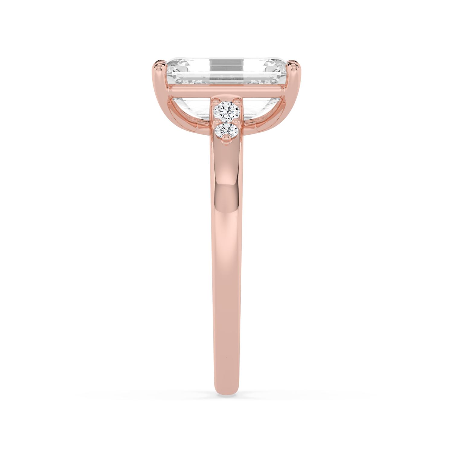 Marsh, Four Prong Emerald Solitaire, Two Small Stones Each Side in Rose Gold, emerald, plain background, alternate view
