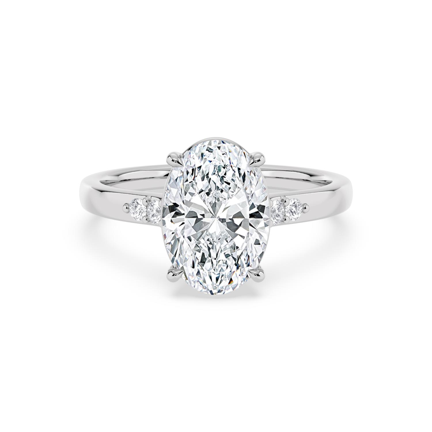 Myrtle, Four Prong Oval Solitaire, Two Small Stones Each Side in White Gold, oval, plain background