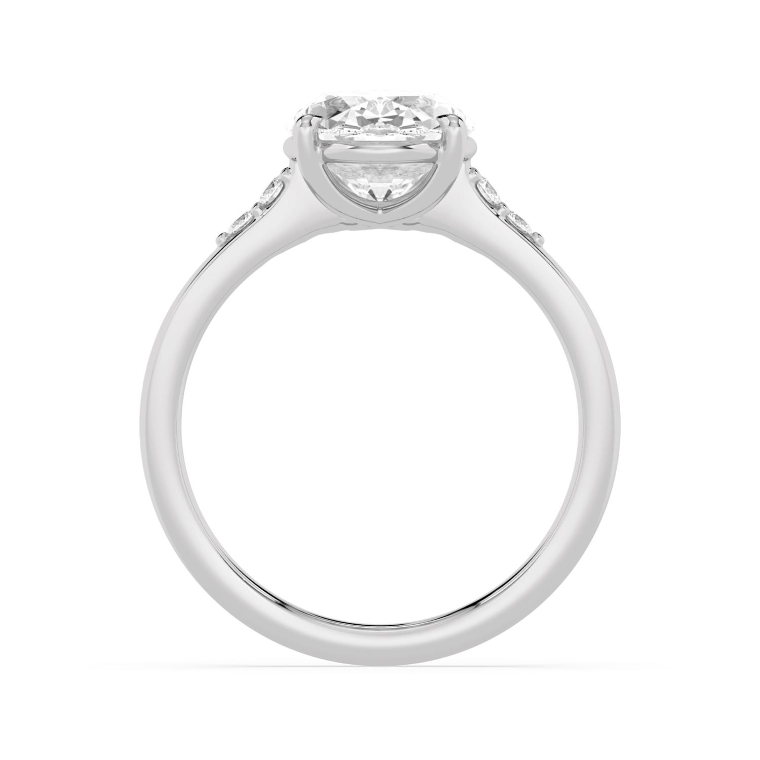 Myrtle, Four Prong Oval Solitaire, Two Small Stones Each Side in White Gold, oval, plain background, alternate view