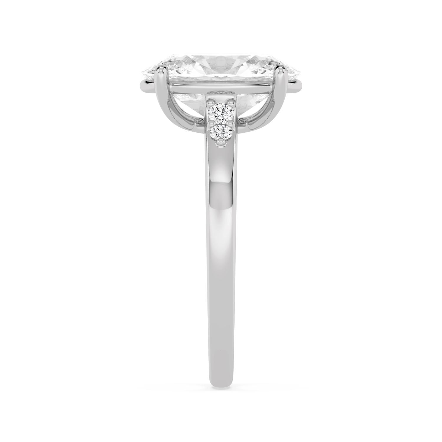 Myrtle, Four Prong Oval Solitaire, Two Small Stones Each Side in White Gold, oval, plain background, alternate view