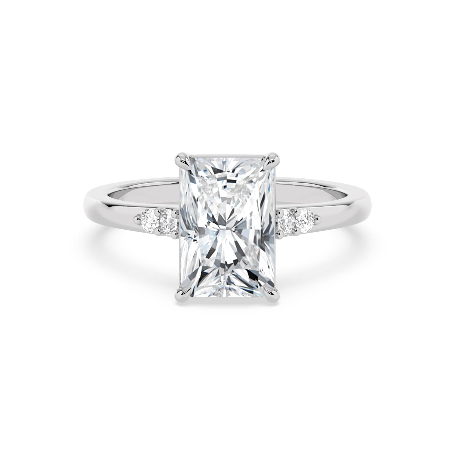 Oak, Four Prong Radiant Solitaire, Two Small Stones Each Side in White Gold, radiant, plain background