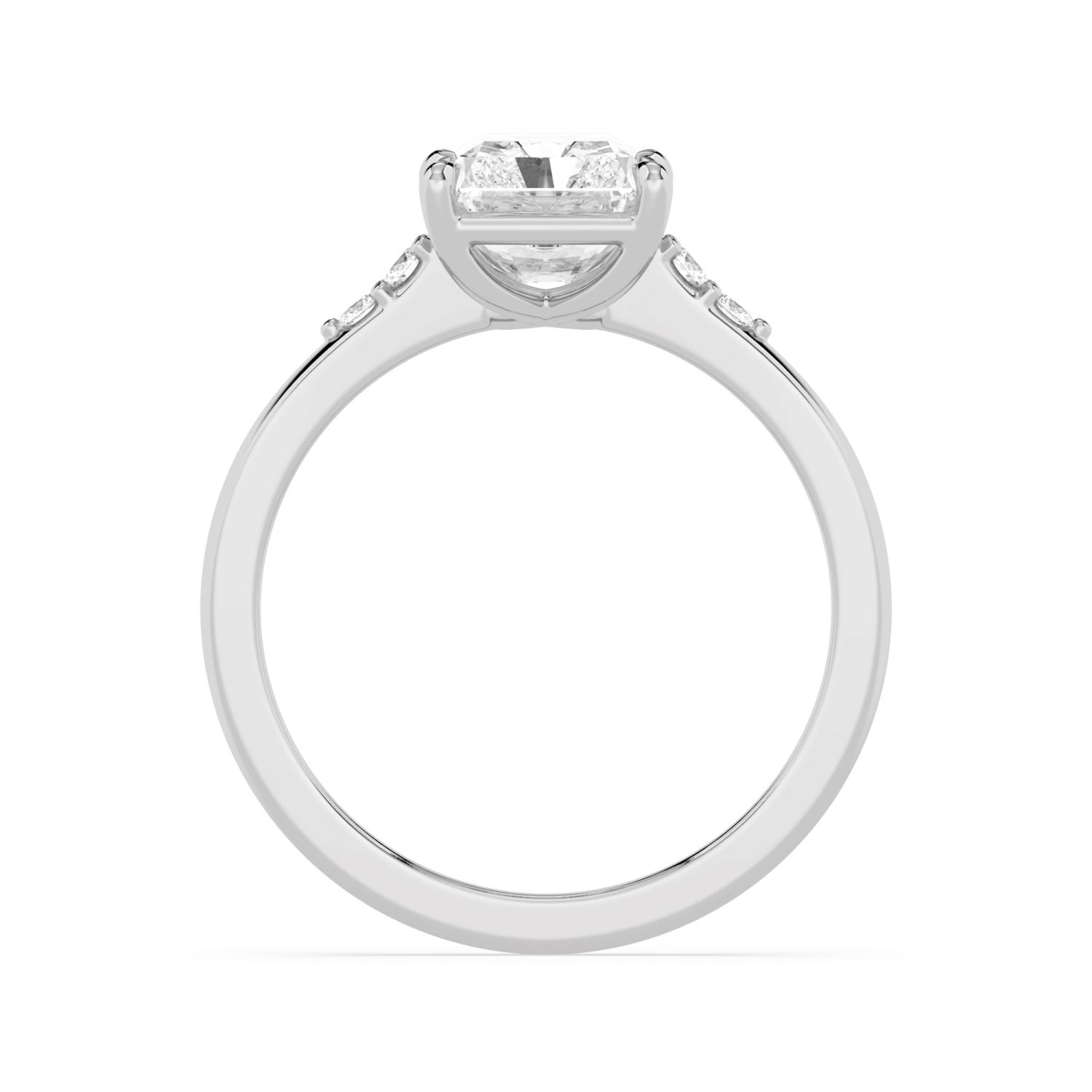 Oak, Four Prong Radiant Solitaire, Two Small Stones Each Side in White Gold, radiant, plain background, alternate view